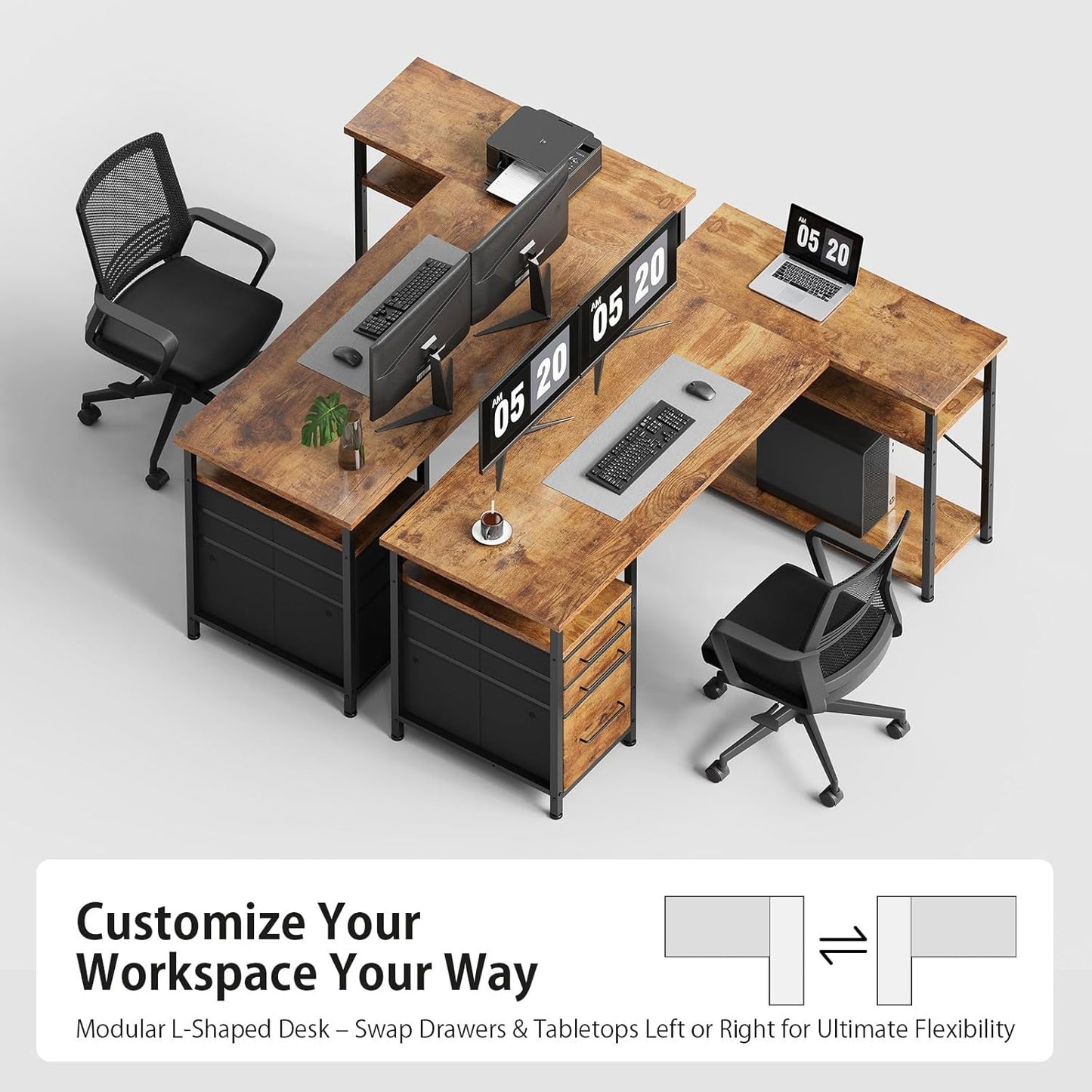 55" Computer Desk with Drawers, Desks for Bedrooms, Writing Desk with Storage, Work Desk for Small Space, Rustic Brown