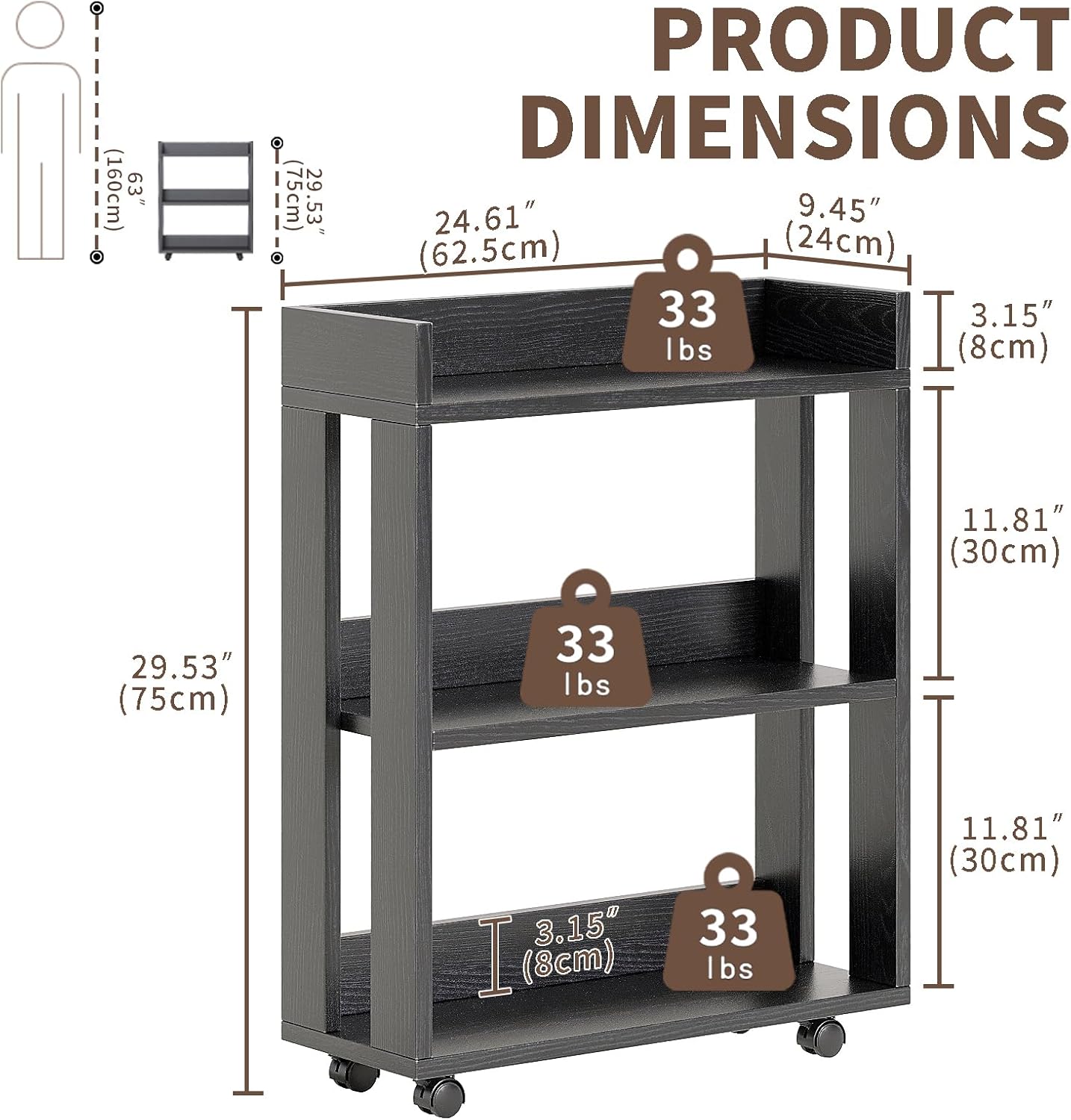 ALISENED Small Bookshelf and Bookcase, 3 Tier Wood Nightstand with Wheels, Modern Bedside End Table with Storage Rack for Bedroom, Library, Living Room, Home, Office Cart, Black