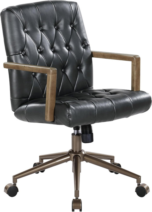 OSP Home Furnishings Waltham Adjustable Height and Tilt, Swivel Home Office Chair with Wood Arms, Black Faux Leather