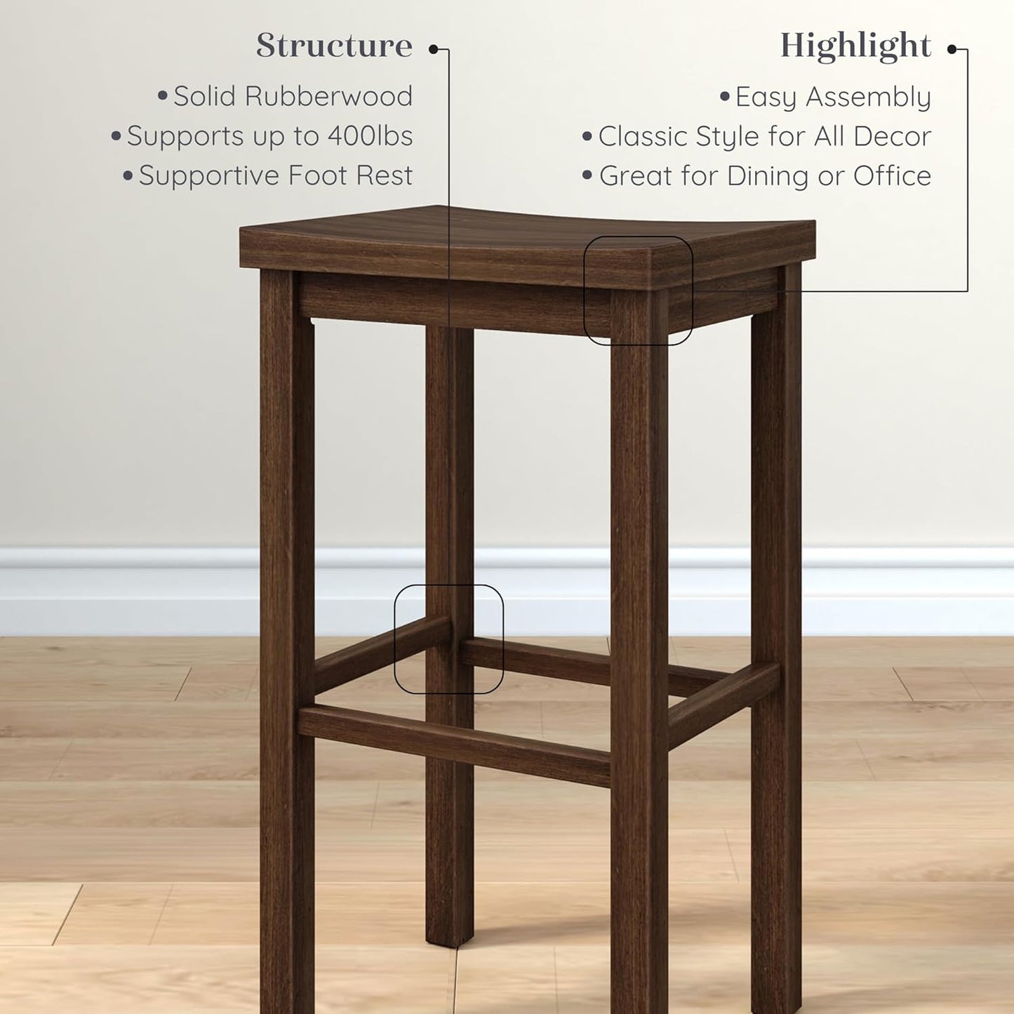 Grain & Grove Smith Collection Solid Wood Bar Stool, 30 inch Saddle-Seat Bar Chair, Backless, Heavy-Duty Construction, Footrest Support, Ideal for Kitchen Islands, Home Bars, and Counters, Walnut