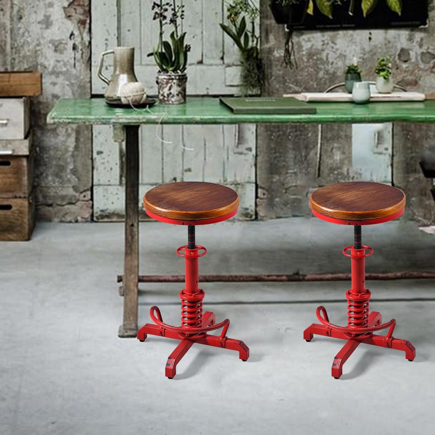 Topower Industrial Retro Vintage Farm Wooden Seat Tractor Stool Kitchen Swivel Height Adjustable bar Stool Antique Red