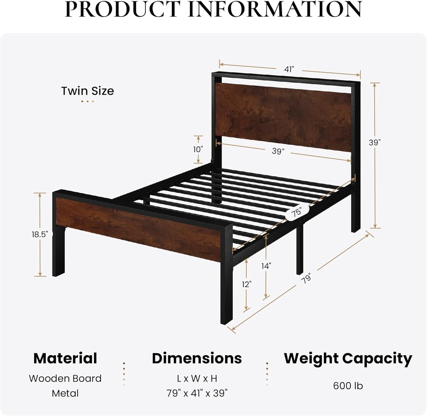 SHA CERLIN 14 Inch Twin Size Metal Platform Bed Frame with Wooden Headboard and Footboard, Mattress Foundation, No Box Spring Needed, Large Under Bed Storage, Heavy Duty Slats Support, Mahogany
