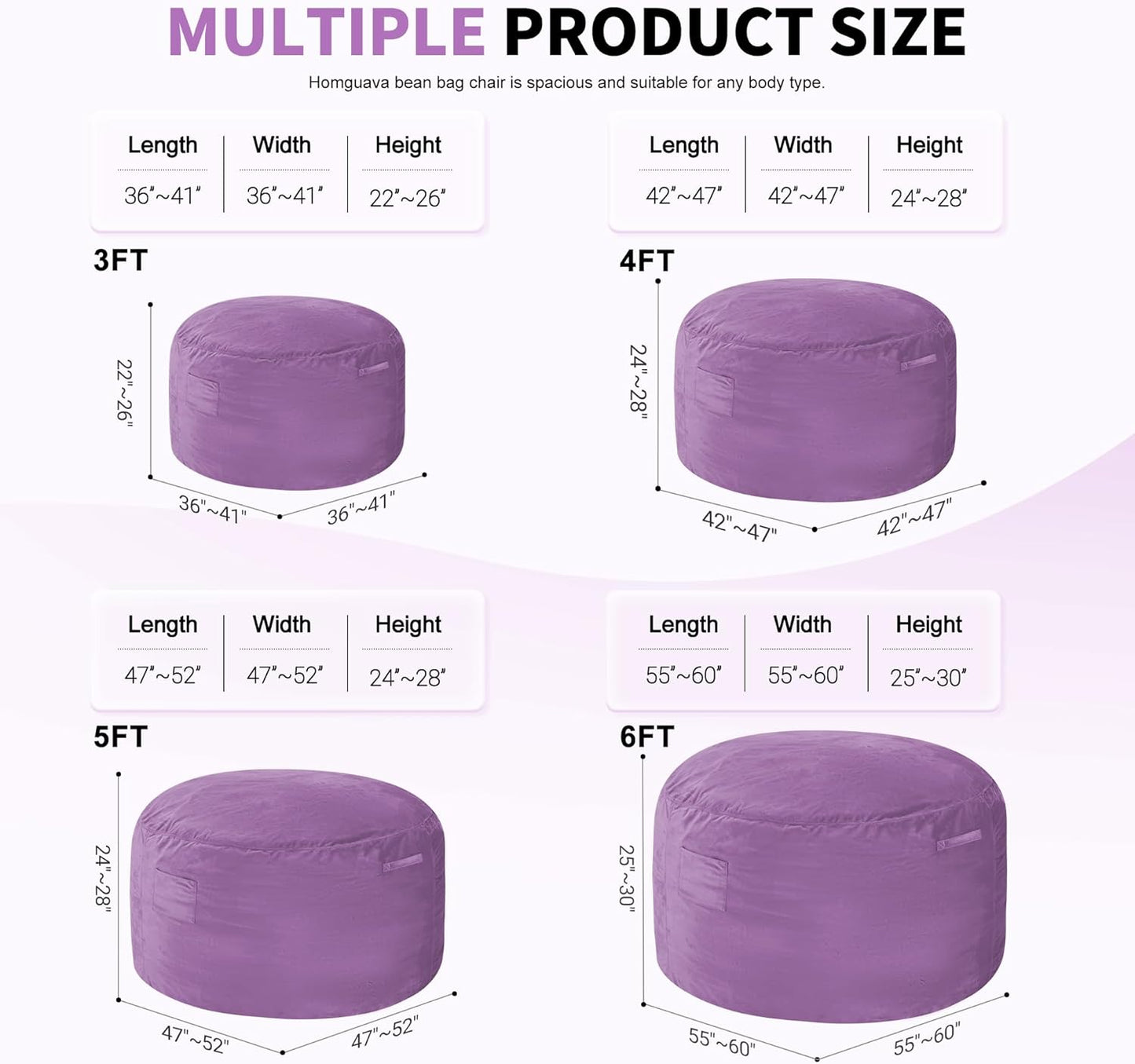 Homguava 3FT Bean Bag Chair: 3' Bean Bags with Memory Foam Filled, Large Beanbag Chairs Soft Sofa with Dutch Velvet Cover-Purple