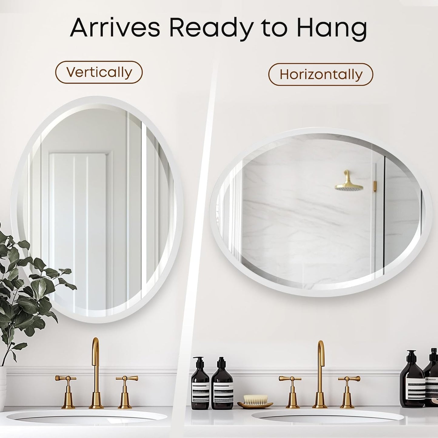 OVALCREST - Oval Wooden Beveled Wall Mirror for Home Decor, Bathroom, Vanity, Bedroom, Living Room, Hallway - London Style (Linen White) 21.1 x 25.1