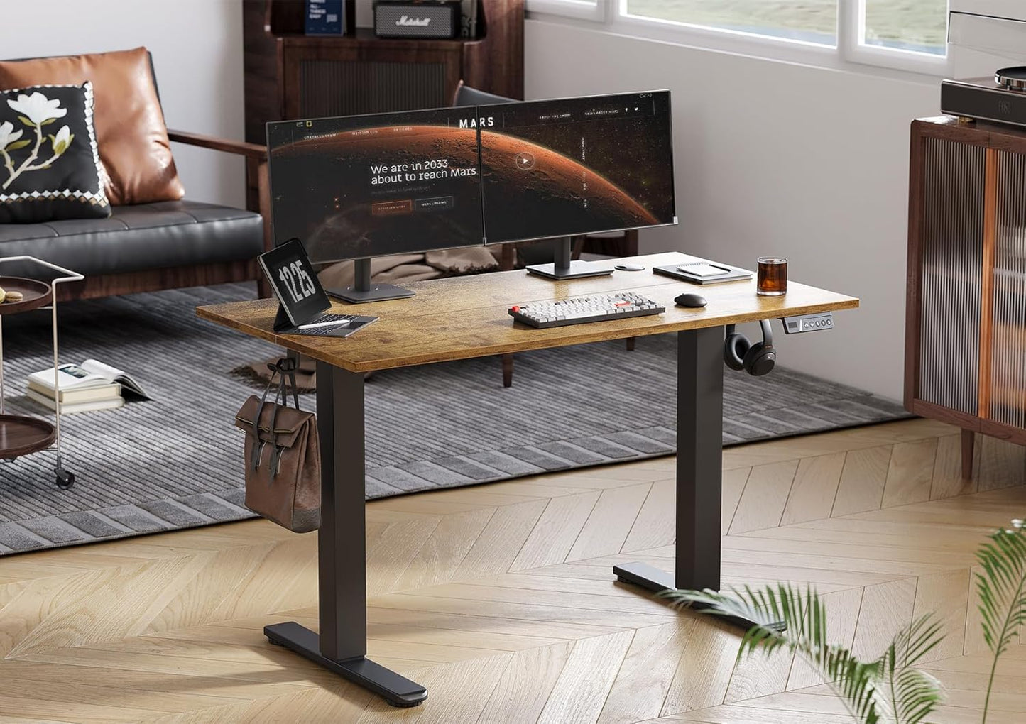 Seang Electric Standing Desk Adjustable Height, 55 x 24 Inch Sit Stand Desk with T-Shaped Frame, 3 Memory Presets & Cable Management for Home Office Computer Workstation, Black Frame/Rustic Brown Top