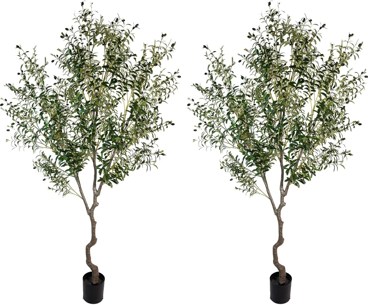 Artificial Tree Faux Olive Tree 8ft(92in,3200leaves) Tall Fake Olive Plant in Pot Fake Silk Tree Faux Plants Indoor 2pack