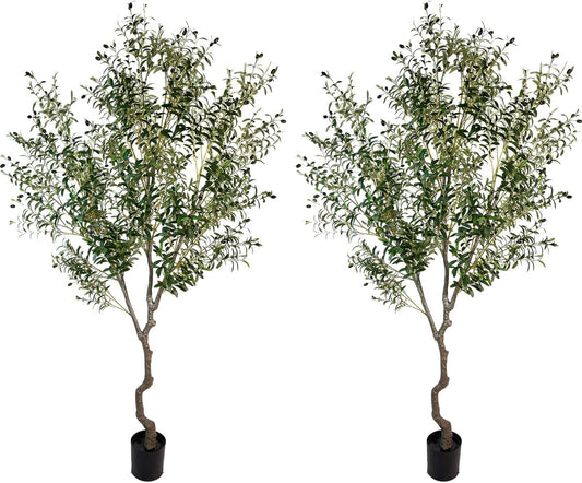Artificial Tree Faux Olive Tree 8ft(92in,3200leaves) Tall Fake Olive Plant in Pot Fake Silk Tree Faux Plants Indoor 2pack
