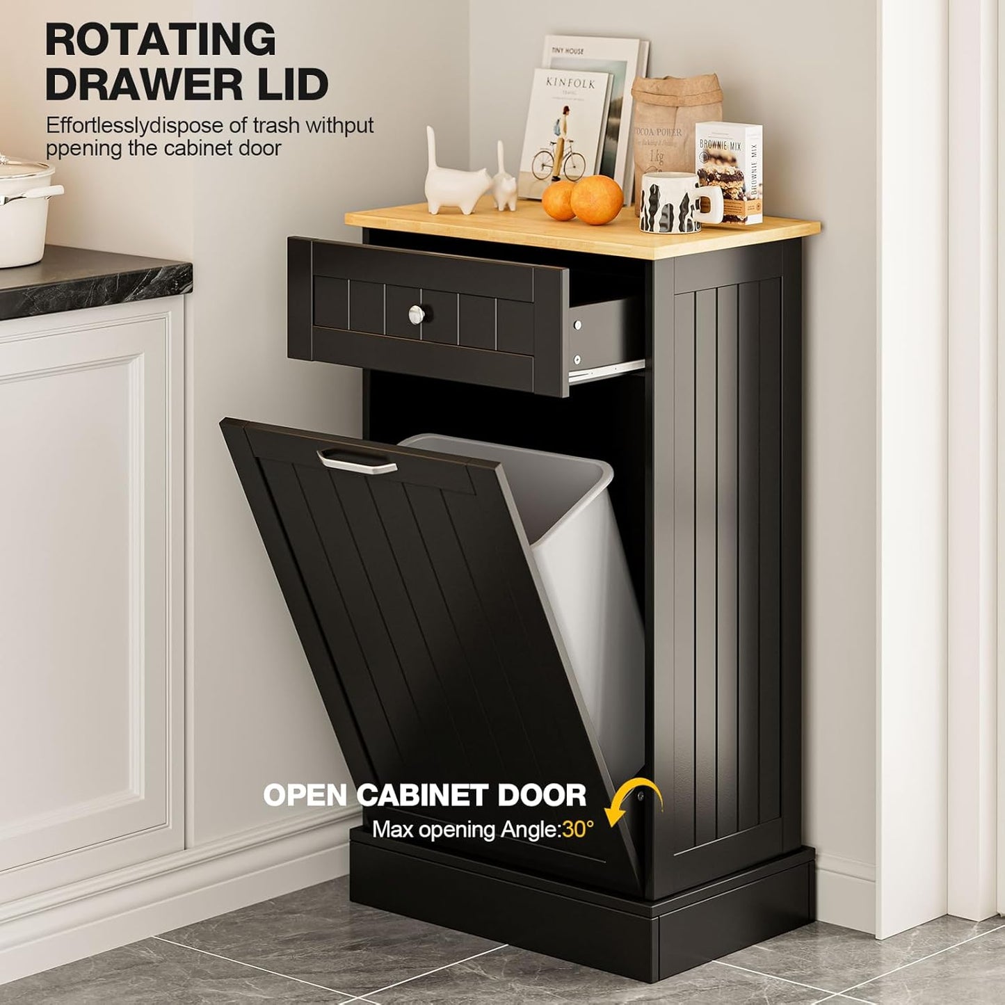 GAZHOME 10 Gallon Tilt Out Trash Cabinet, Upgrade Wooden Free Standing Recyclin Trash Cabinet with Hideaway Drawer(Black)