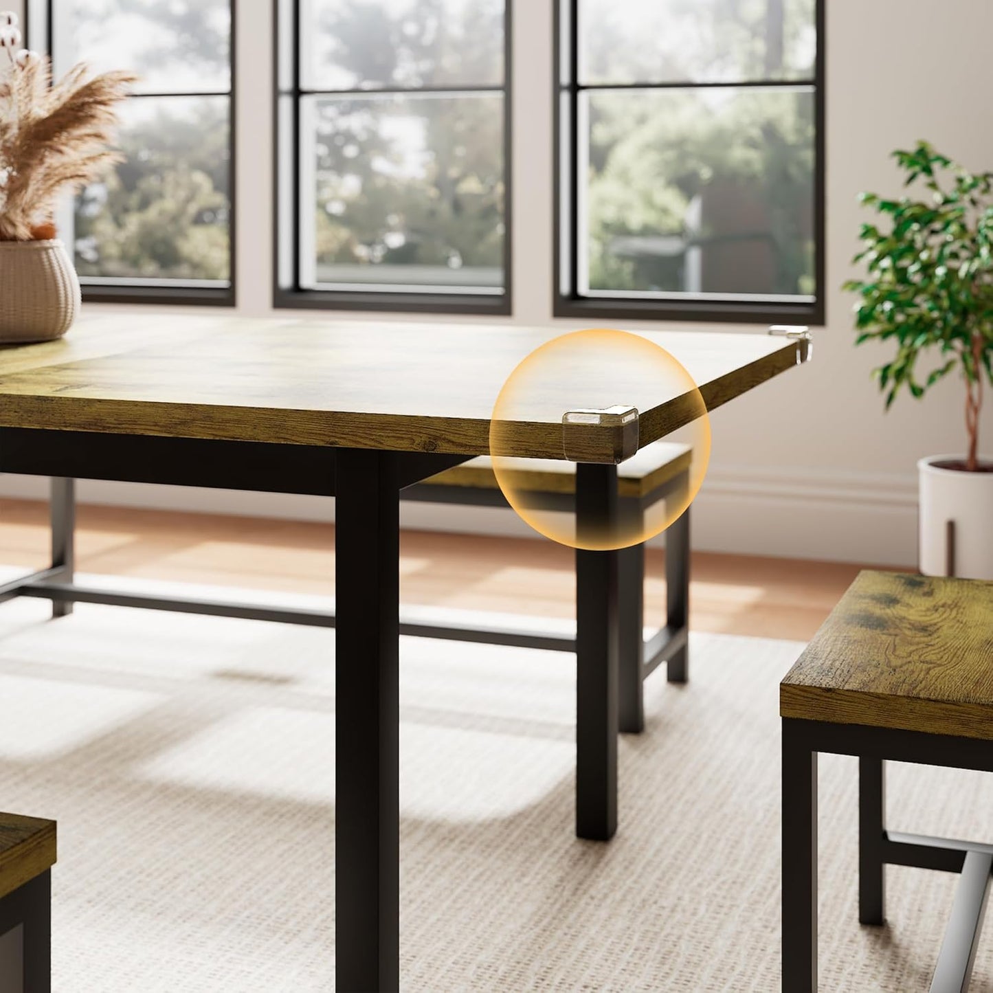 5 Piece Dining Table Set for 4-6, 63" Extendable Kitchen Table Set with 2 Benches & 2 Stools, Farmhouse Dining Room Table for Small Space, Metal & Wood Support, Rustic Brown