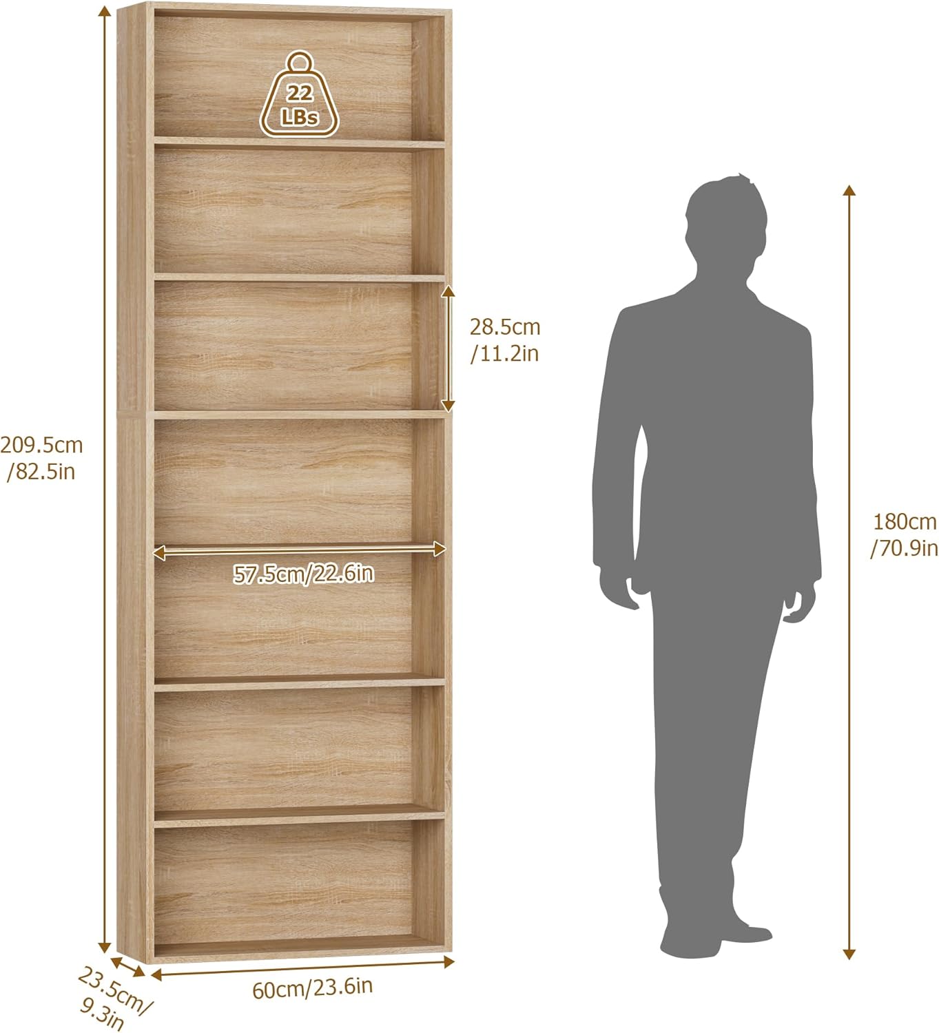 82" Tall Bookshelf, 7-Tier Open Shelves Bookcase, Freestanding Display Storage Shelves, Tall Bookcase Home Decor Furniture for Home Office, Living Room, Bedroom, Light Oak