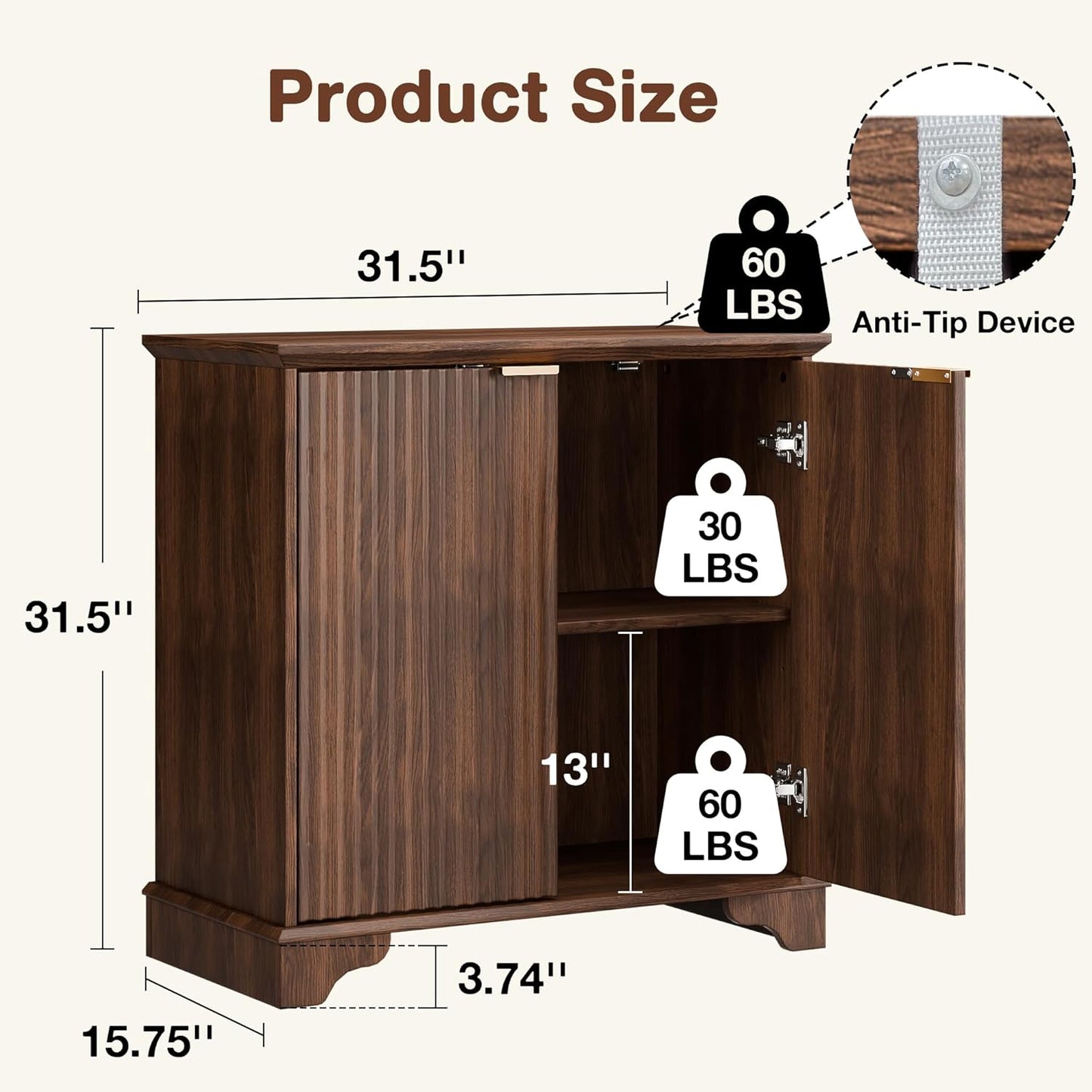 31" Buffet Sideboard Cabinet with Storage, 2 Door Coffee Bar Cabinet Credenza with Shelves, Console Table for Entryway Kitchen, Walnut