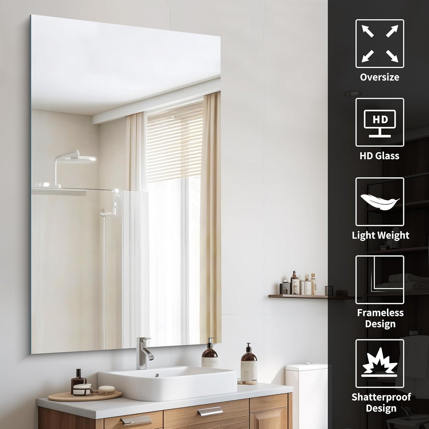 Frameless Mirror, 60x36 Large Bathroom Mirrors for Wall, Upgraded Shatterproof Rectangle Vanity Mirror Over Sink with Polished Edge for Bathroom,Bedroom,Living Room and Entryway