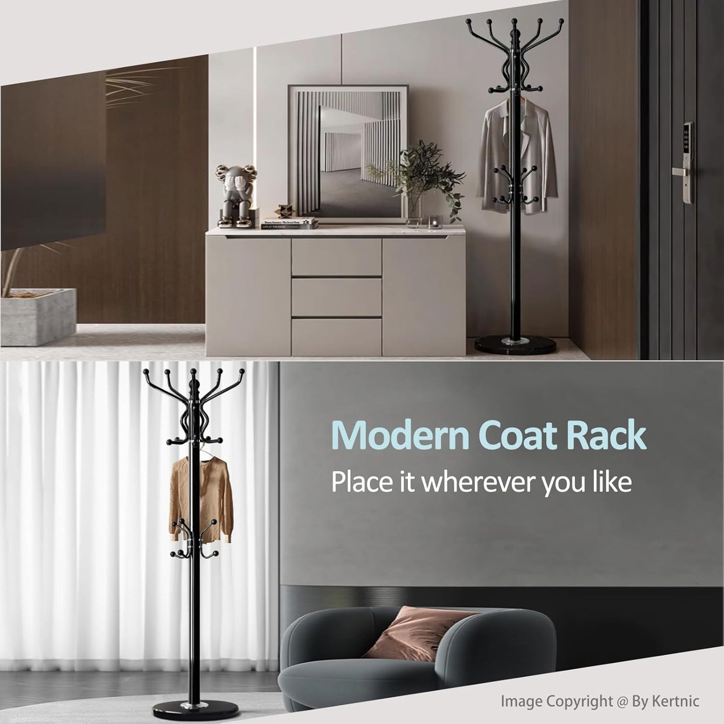 Kertnic Freestanding Coat Rack with 18 Hooks & Marble Base - Heavy Duty Metal Hall Tree Stand for Entryway, Hats, Coats, Bags Rack- Modern Hanger Organizer for Home, Office, Dorm (18 hooks -Black)