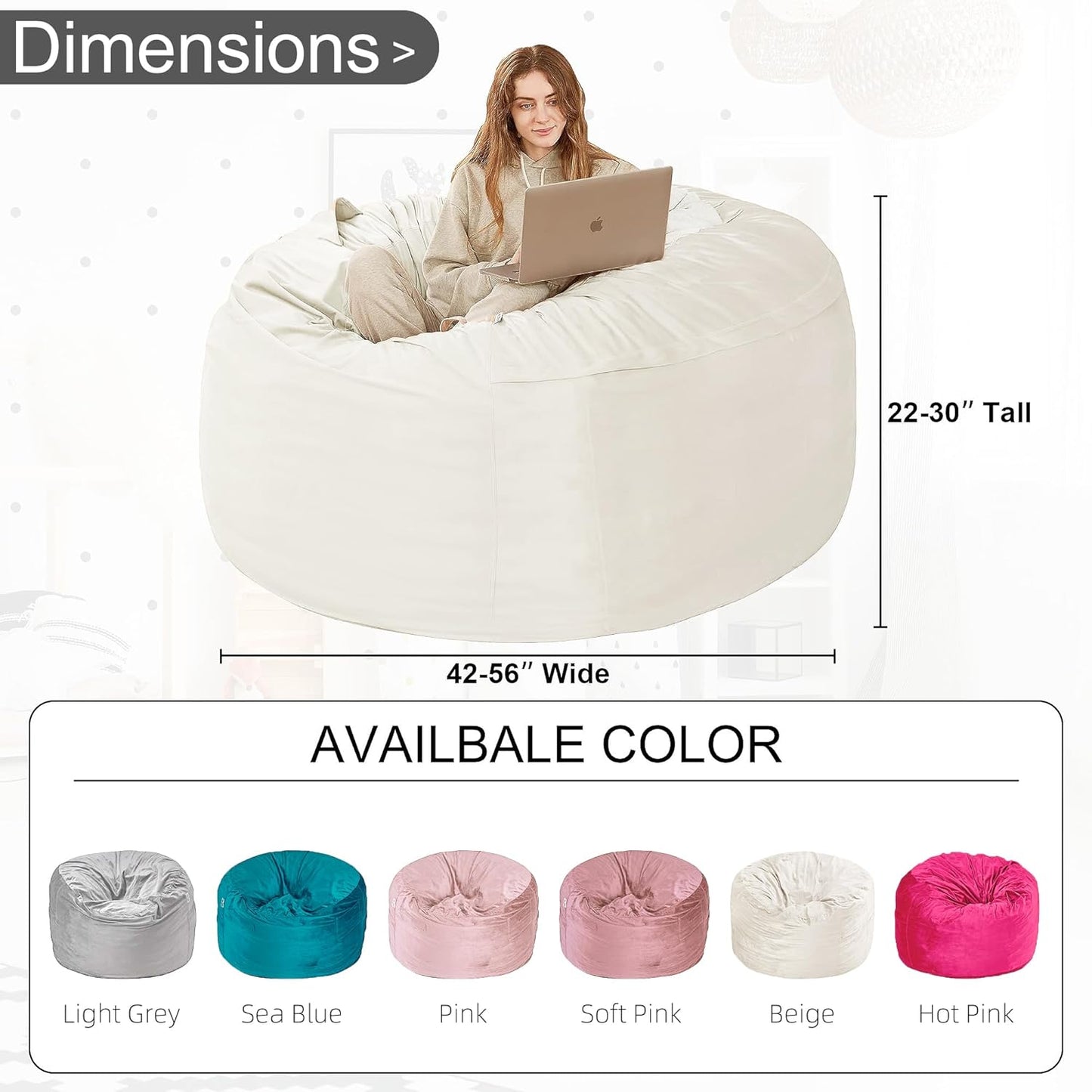 HABUTWAY Bean Bag Chair: Giant 4' Memory Foam Furniture Bean Bag Chairs for Adults with Microfiber Cover 4Ft (Beige)