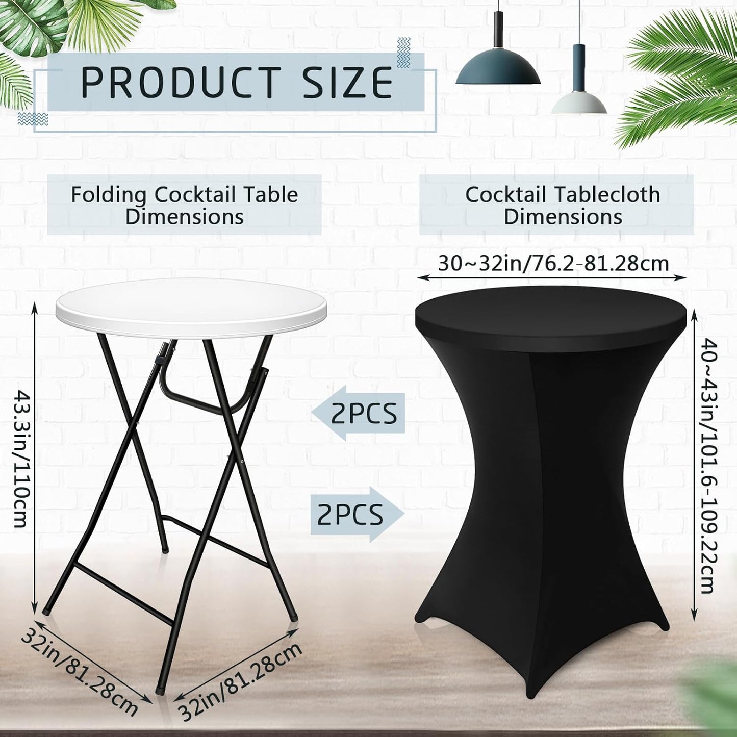 Wenqik 2 Sets 32" High Top Round Folding Cocktail Tables White Bar Height with Removable Legs & 32"x43" Spandex Stretch Table Covers (Black)