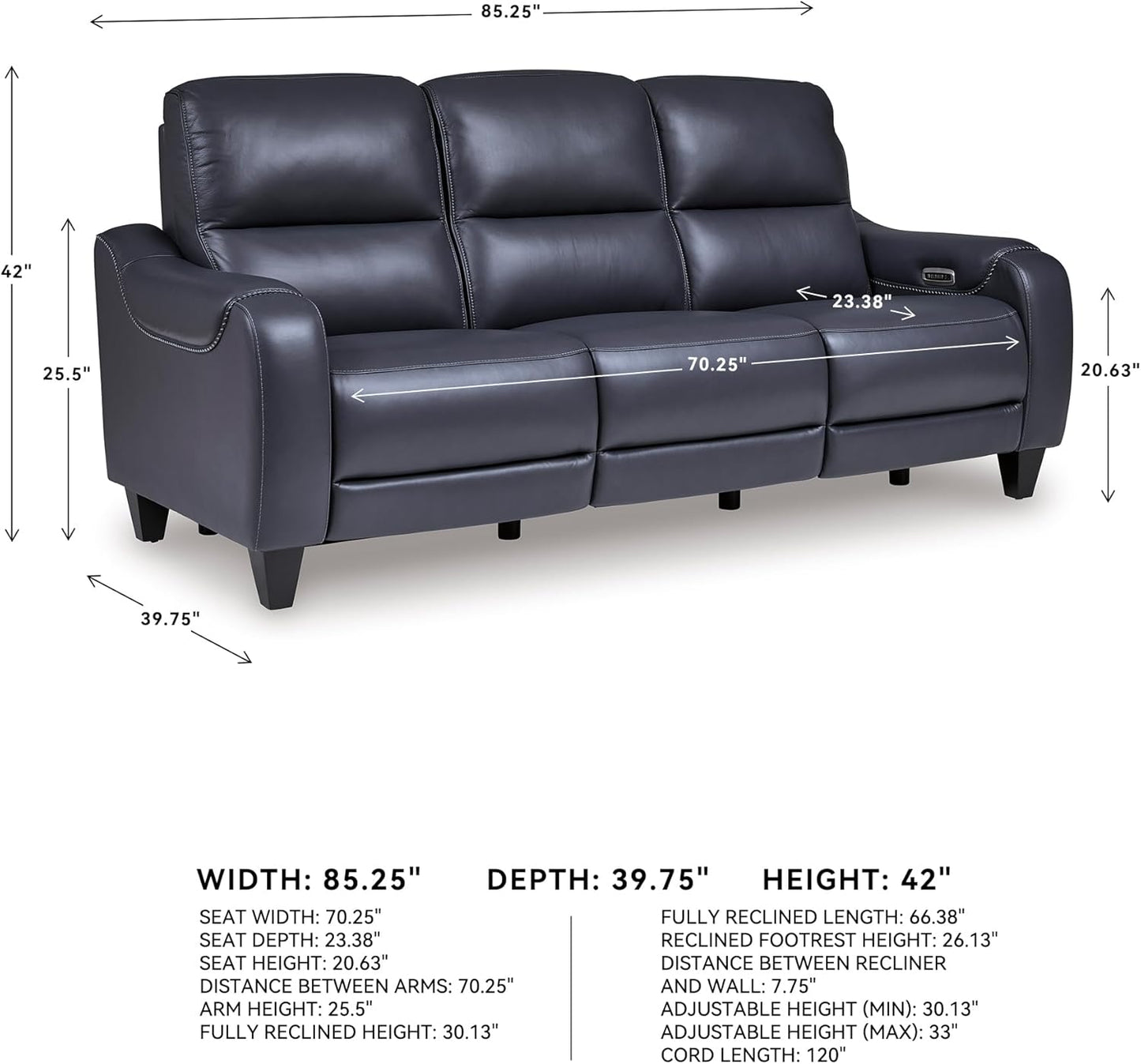 Signature Design by Ashley Mercomatic Contemporary Leather Match Wall Hugger Power Reclining Sofa with Adjustable Headrest and USB Ports, Blue