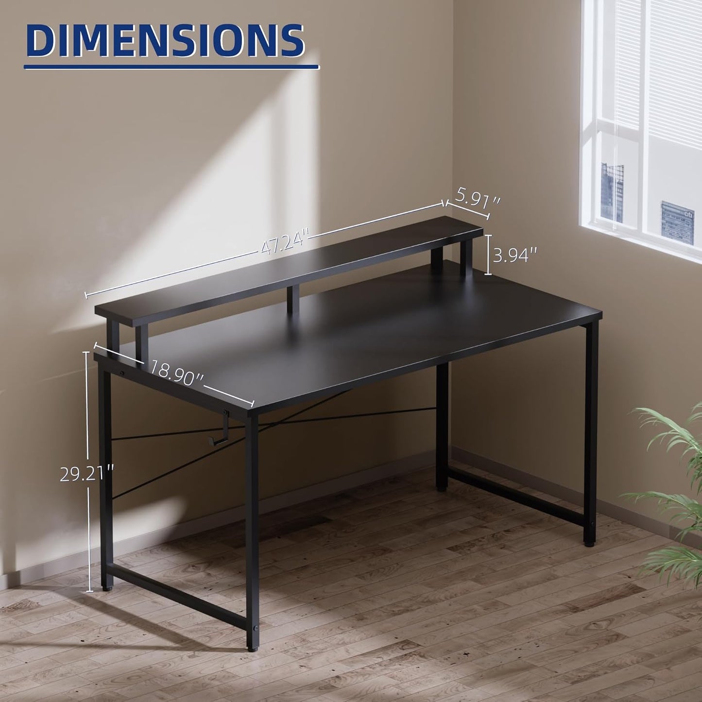 Pamray 47 Inch Small Computer Desk with Monitor Stand, Simple Office Desk with Headphone Hook for Small Spaces, Kids Study Writing Table for Bedroom, Marble