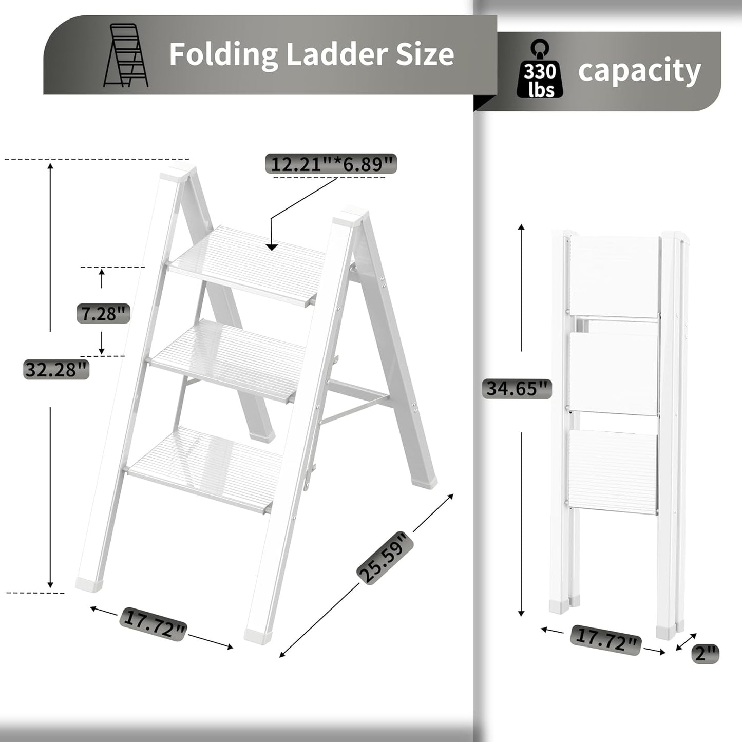 3 Step Lightweight Folding Ladder for Home, 330lbs Aluminum Step Ladder Anti-Slip for Kitchen, Step Stool Foldable Adults for Closet, 330lbs - White