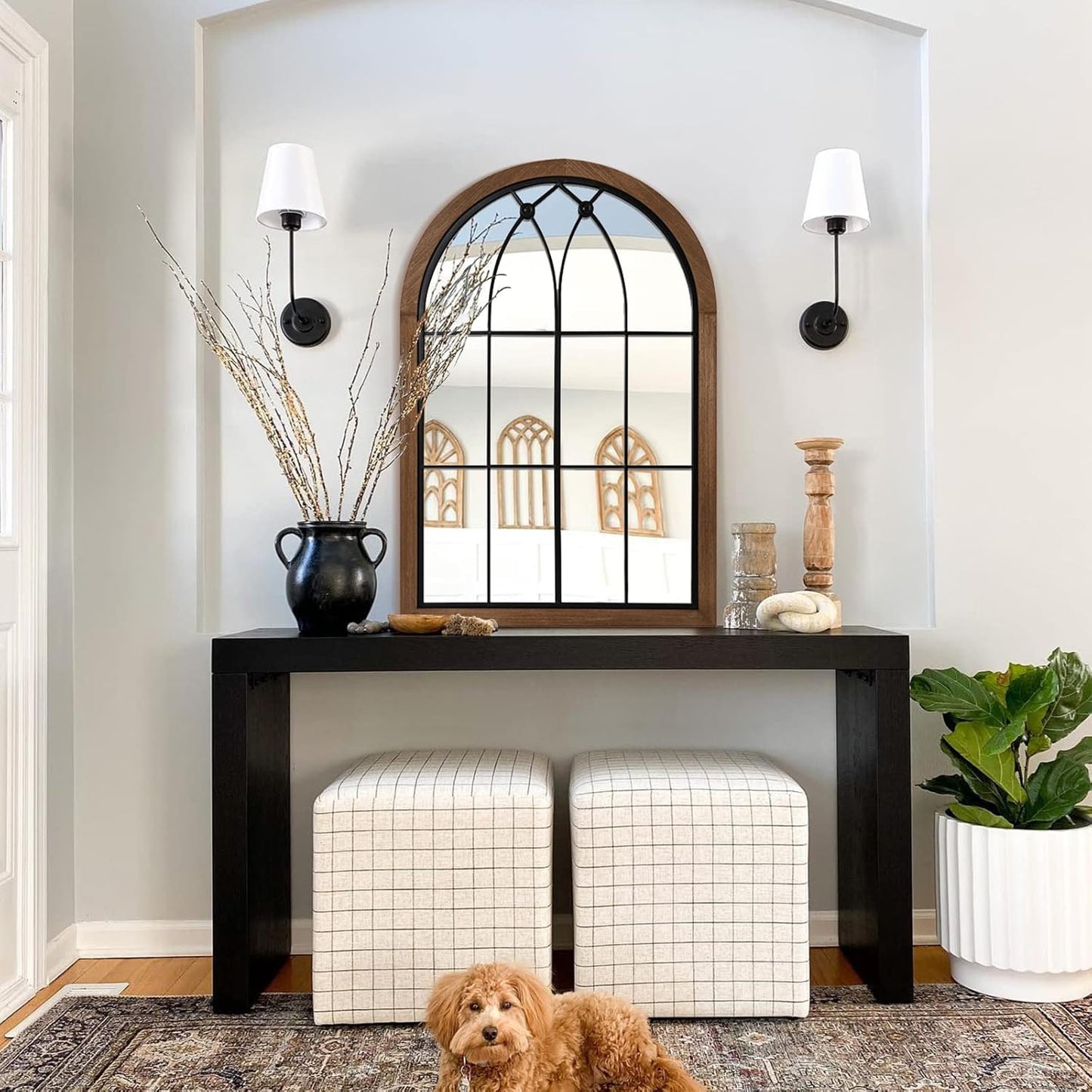 blue page Arched Mirror, Farmhouse Wall Decor, Rustic Wood Framed Accent Mirror Like Window for Bathroom Vanity, Bedroom, Entryway, or Living Room