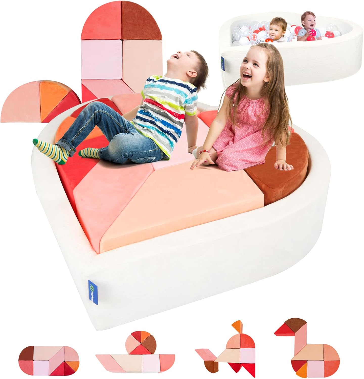 Kids Play Couch, 2-in-1 Heart-Shape Kids Plays Sofa with Unique Ball Pit(no Balls Included), Tangram Puzzle Play Couch for Playroom, Modular Play Sofa for Inspiring Creativity, Glow
