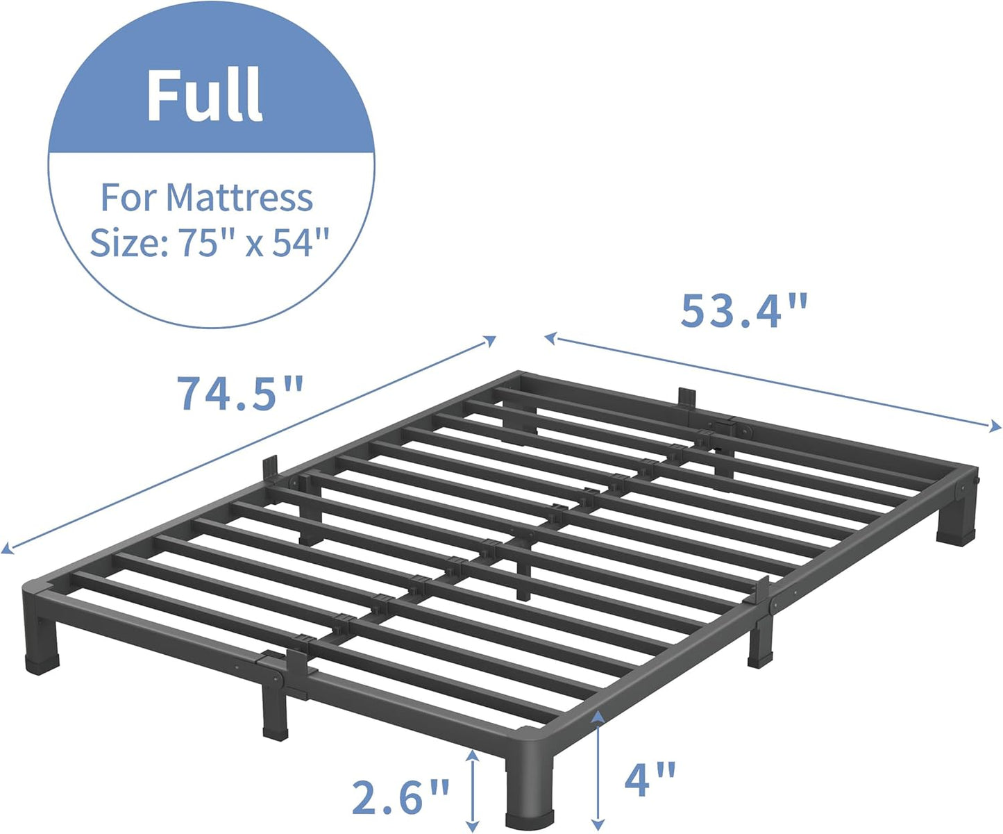 4 Inch Full Size Bed Frame, 3500Lbs Heavy Duty Metal Platform with Round Corner Legs Mattress Slide Stopper, Steel Slat Support No Box Spring Needed, Noise Free, Non-Slip, Easy Assembly