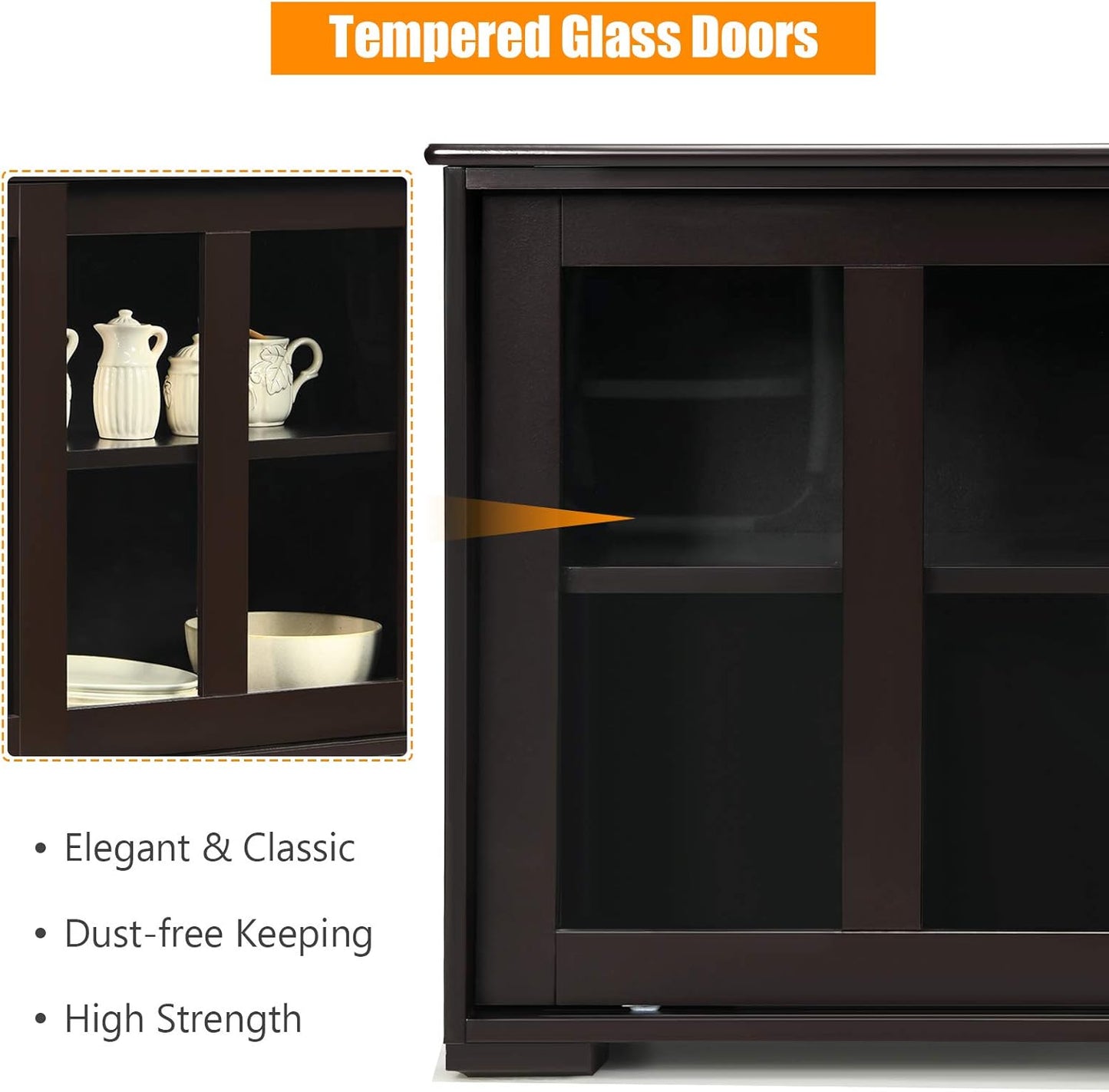 Costzon Sideboard Buffet Cabinet, Wooden Kitchen Storage Cabinet with Adjustable Shelf, Sliding Glass Doors, Accent Coffee Bar Cabinet Console Table for Living Room, Dining Room, Hallway (Coffee)