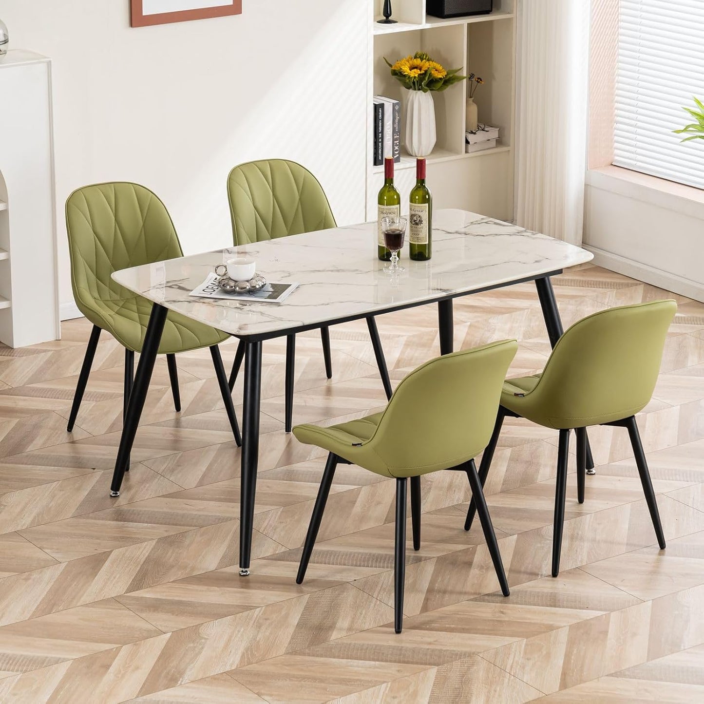 Rowill Modern Dining Chairs Set of 2 Upholstered Faux Leather Kitchen Chairs with Soft Cushion Backrest, Sturdy Metal Legs & Non-Slip Pads, Perfect for Home Dining Room, Kitchen, Avocado Green