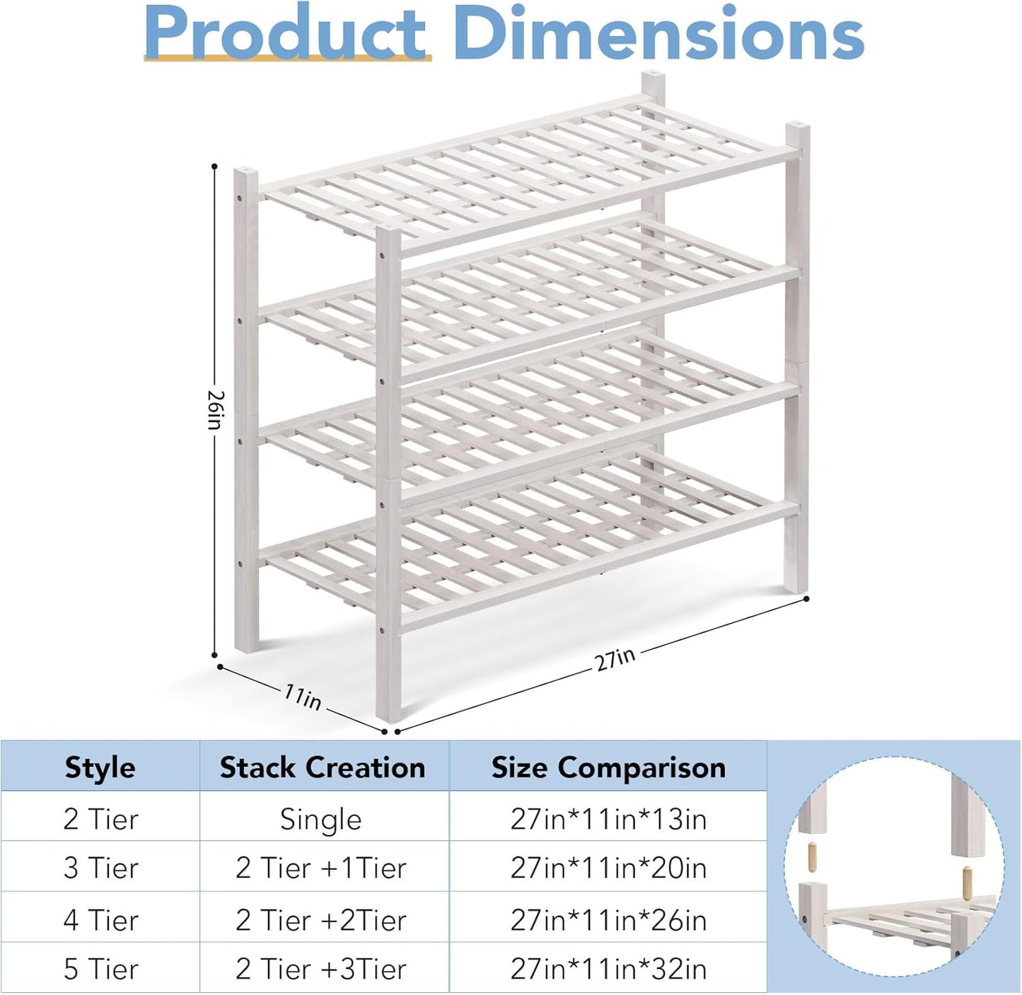 Haddockway 4 Tier Bamboo Shoe Rack Storage Organizer, Multifunctional Free Standing Stackable Shoe Shelf with Grid Panel for Closet,Hallway,Entryway,Small Space 27"x11"x26" (White, 4 Tier)