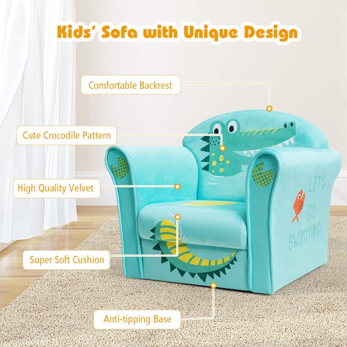 Costzon Kids Couch, Children's Sofa Armrest Chair with Pattern, Toddler Furniture w/Sturdy Wood Construction, Preschool, Lightweight Kids Couch Sofa Chair for Aged 1-5 Boys & Girls Gifts, Crocodile
