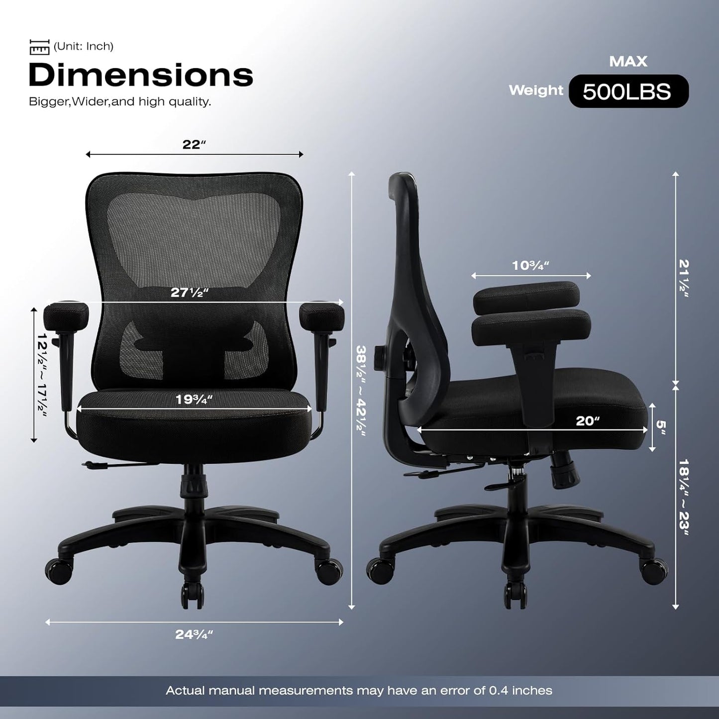Big and Wide Office Chair 500lbs，Ergonomic Desk Chair with 4 Way Adjustable Lumbar Support, Thicker Seat Cushion, 2D Armrest, Rocking Function, Stable Comfy Computer Mesh Chairs, Black