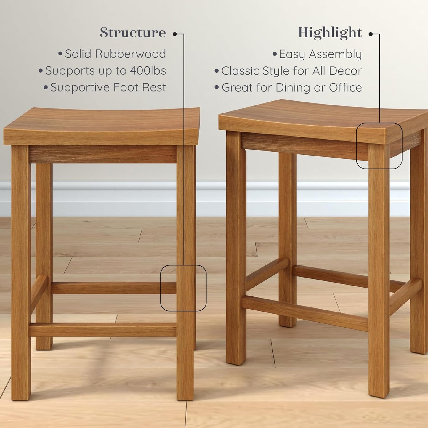 Grain & Grove Smith Collection Set of 2 Solid Wood Counter Height Bar Stools, 24-Inch Saddle Seat Backless Stools, Ideal for Kitchen Island, Dining, or Home Bar Seating, Pecan