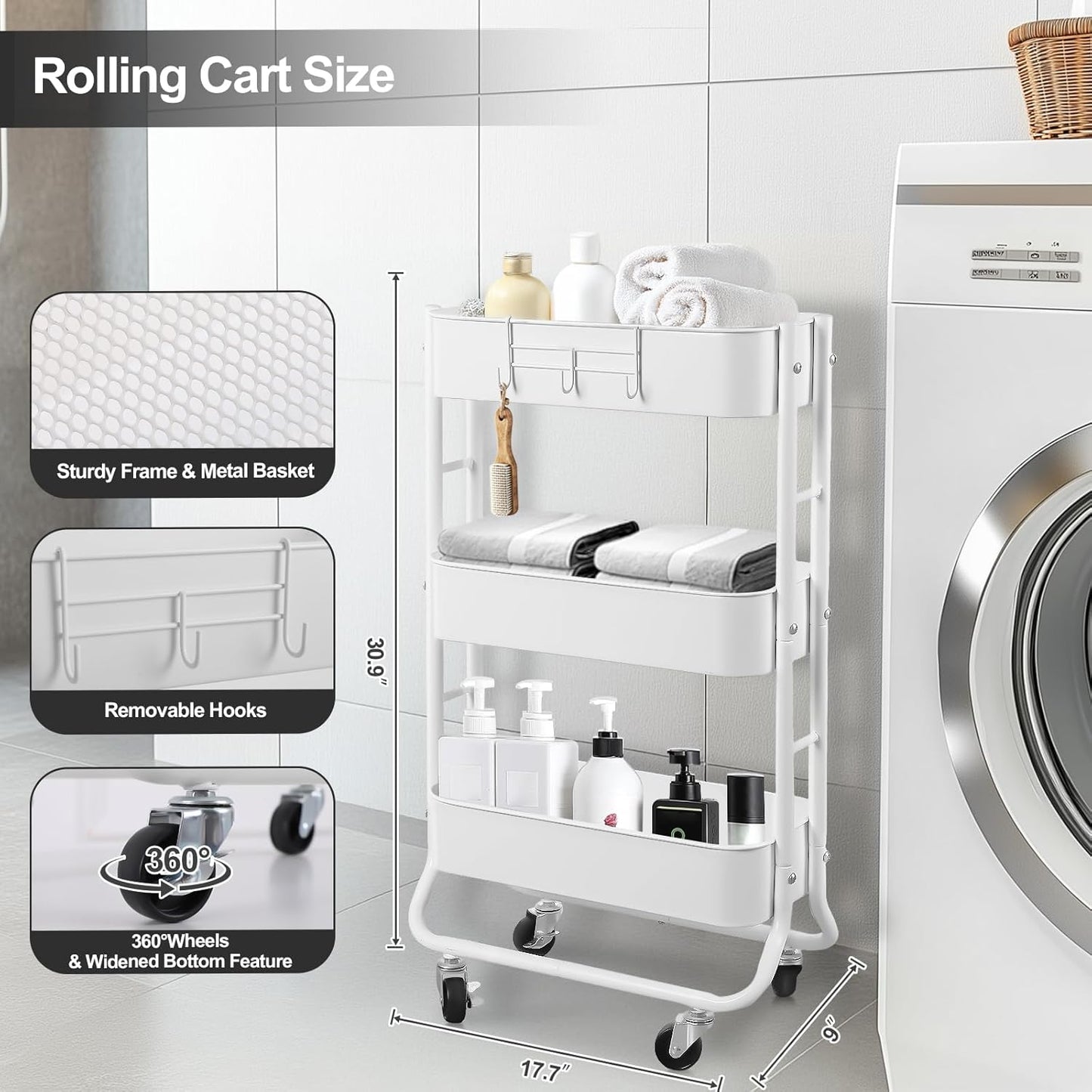 MAX Houser Slim 3-Tier Rolling Utility Cart, Narrow Metal Bathroom Storage Multifunctional Organizer Carts with Wheels with Extra Hook, Laundry Room,Kitchen,Small Space(White)