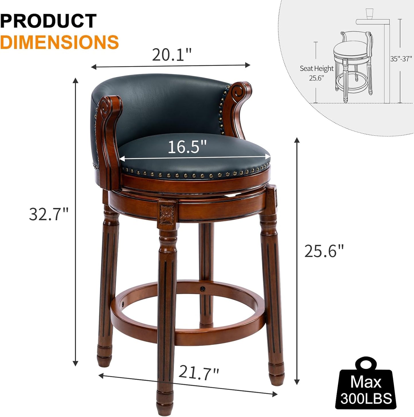 CozyRain Bar Stools Rubber Wood Counter Height Bar Stool Leather Upholstered Swivel Barstools with Back & Footrest for Home,Kitchen,Counter,Dining Room (Navy Blue, Seat Height 26 in)