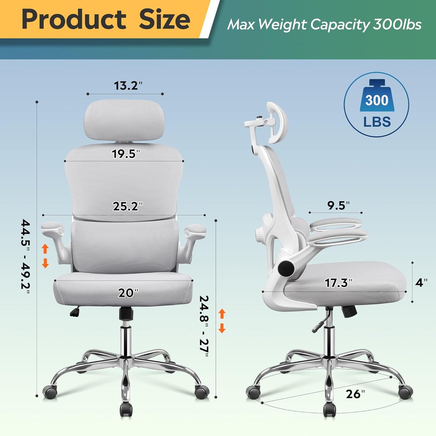 DEVAISE Office Chair, Breathable White Mesh Elegance with Ergonomic Comfort for Professionals & Gamers