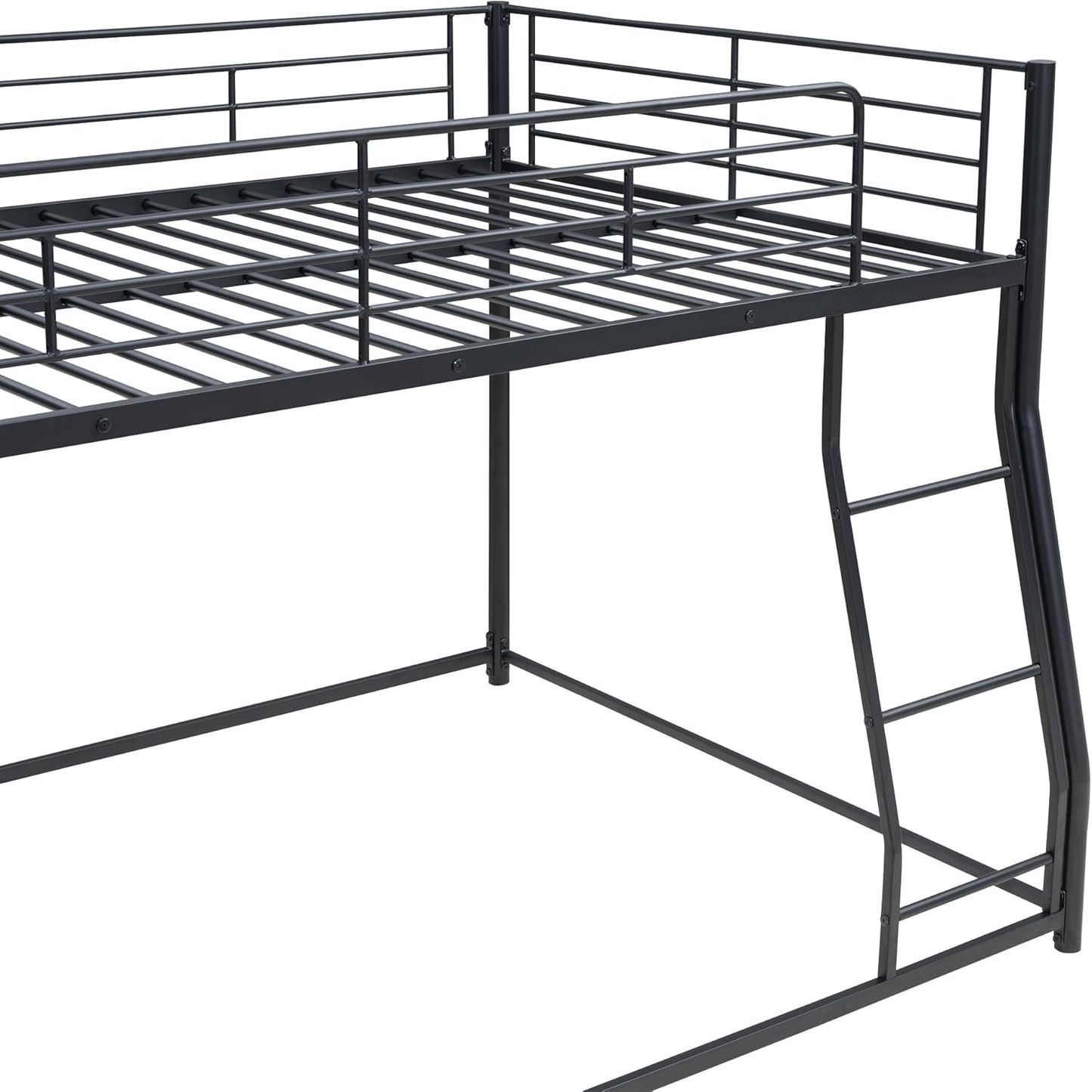 Full XL Over Queen Metal Floor Bunk Bed with Sloping Stairs and Safety Guardrails for Bedroom,Guest Rooms, No Box Spring Needed, Simple to Assemble,Black