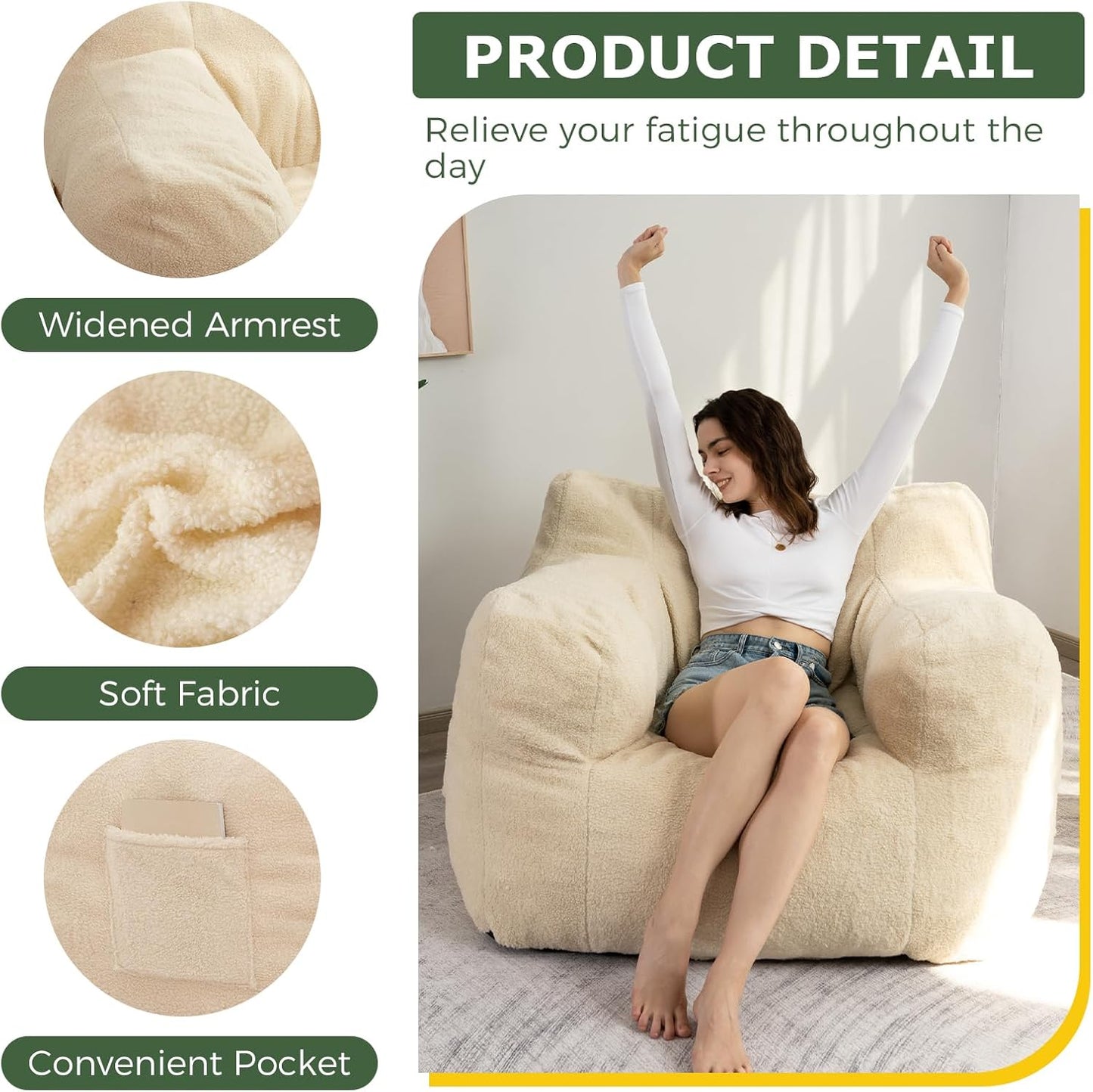 HIGOGOGO Giant Bean Bag Chairs for Adults,Big Comfy Chair Sofa for Bedroom Living Room, Large Lazy Bean Bag Chair with Pocket Armrests for Gaming, Reading