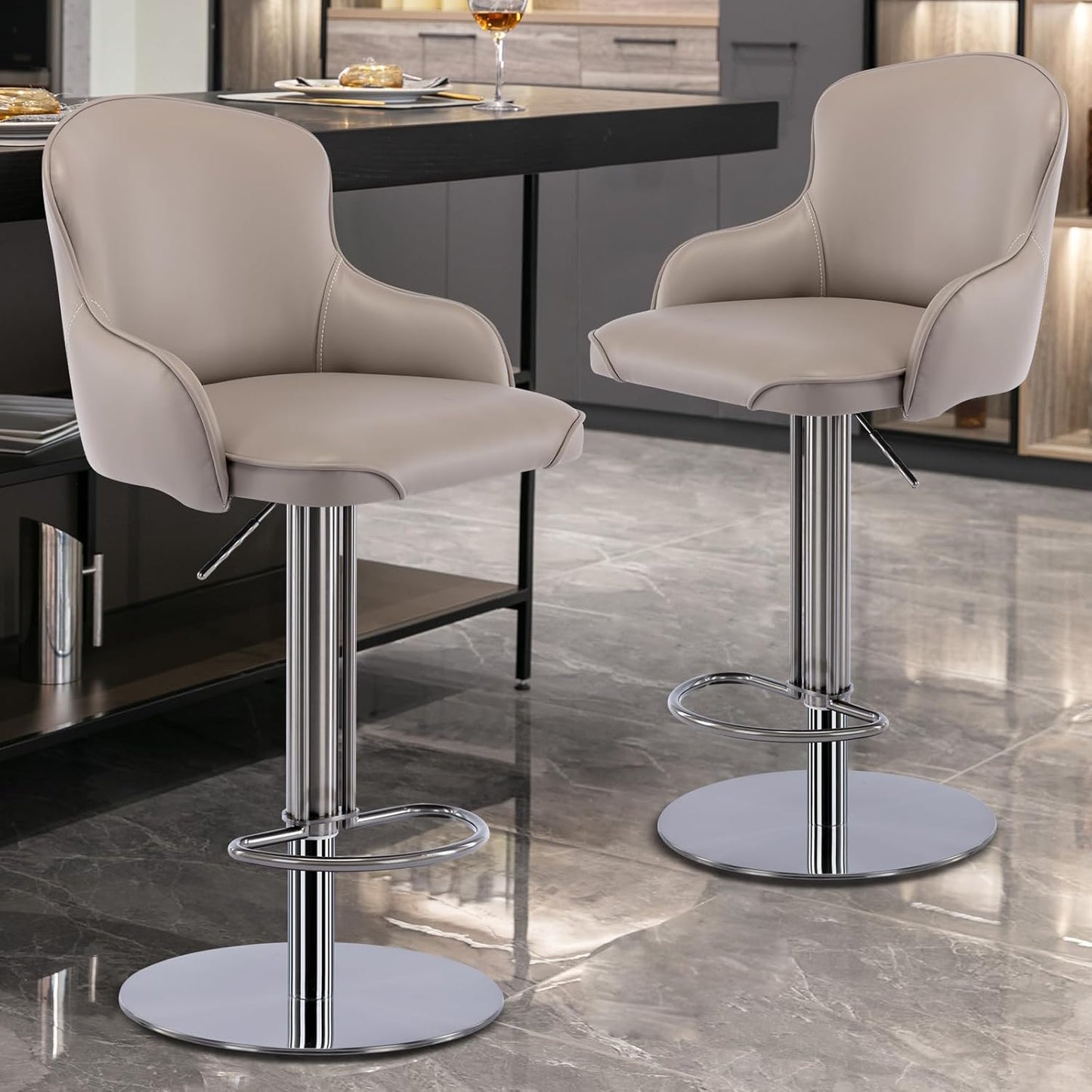 CozyRain Bar Stools Adjustable Stainless Steel Swivel Barstool with Back and Footrest,Modern Leather Upholstered Bar Chairs for Home,Kitchen,Bar, Counter Orange/Grey (2pcs Grey)