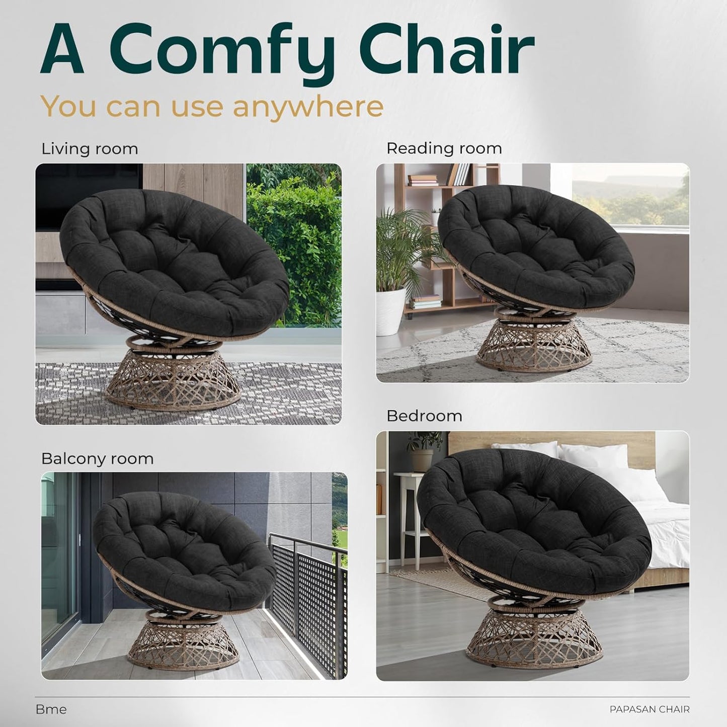 Bme 40" Ergonomic Wicker Papasan Chair with Soft Thick Density Fabric Cushion, High Capacity Steel Frame, 360 Degree Swivel for Living, Bedroom, Reading Room, Lounge, Onyx Stone - Brown Base