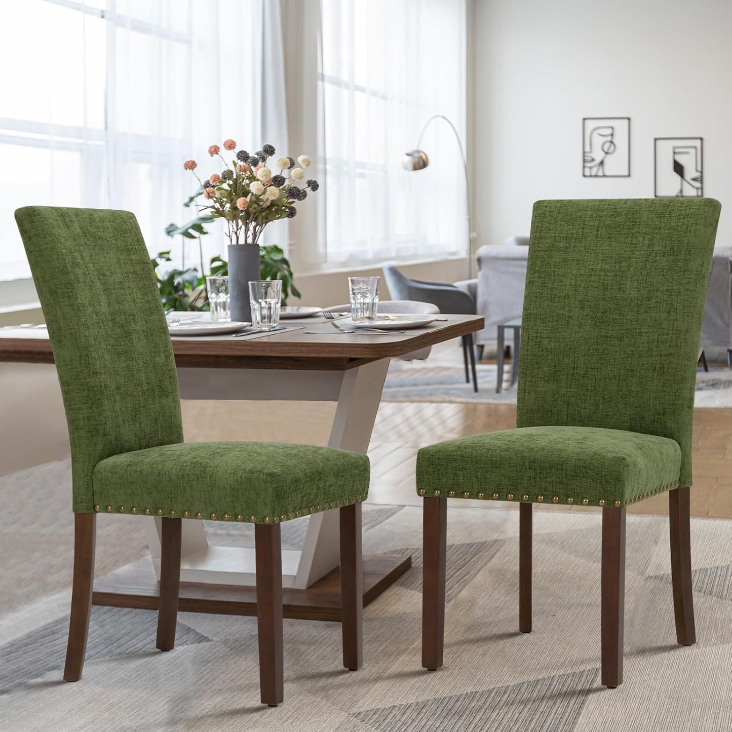 COLAMY Upholstered Parsons Dining Chairs Set of 2, Fabric Dining Room Kitchen Side Chair with Nailhead Trim and Wood Legs - Green