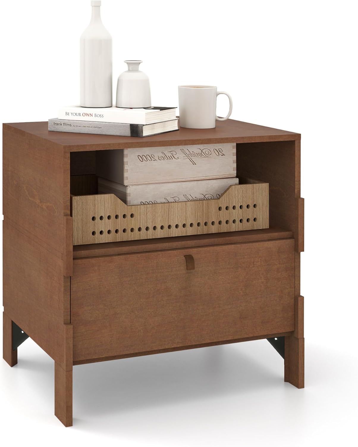 Sebastack Night Stand, Customizable 2 Drawers Bedside Table, End Table, Side Table for Bedroom, Dormitory, Mid-Century Style Wood Chest of Furnitures, Walnut Color