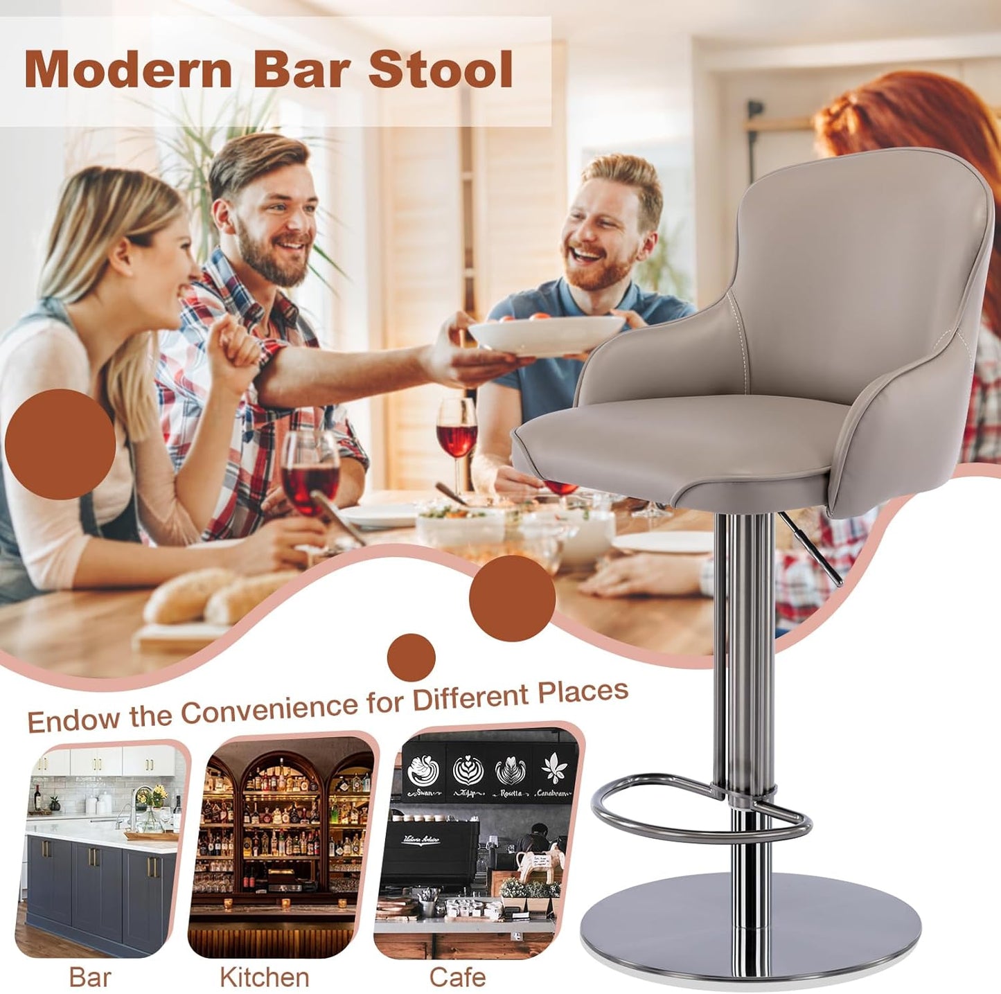 CozyRain Bar Stools Adjustable Stainless Steel Swivel Barstool with Back and Footrest,Modern Leather Upholstered Bar Chairs for Home,Kitchen,Bar, Counter Brown/Grey (Grey)