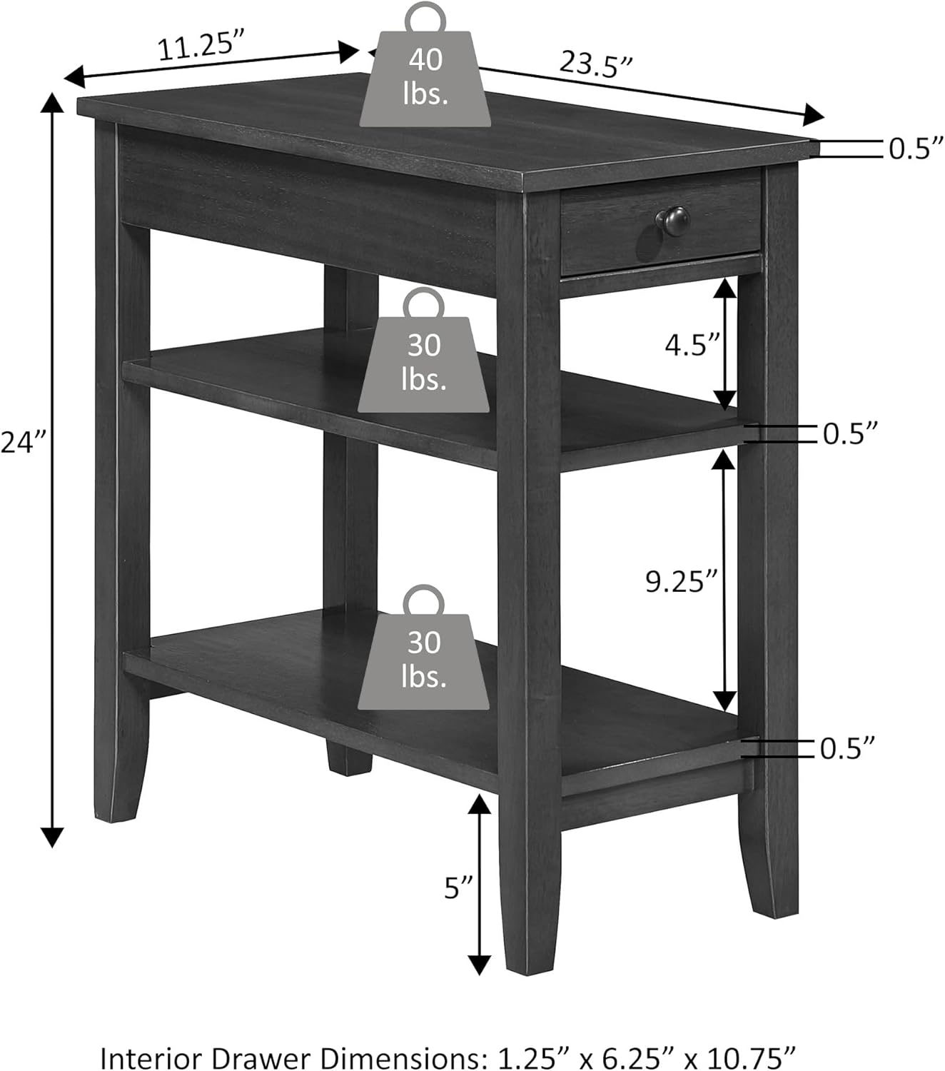 Convenience Concepts American Heritage Chairside End Table 23.5" - Classic Narrow Side Accent with Storage Drawer & Shelves for Living Room or Traditional Bedroom Nightstand, Natural