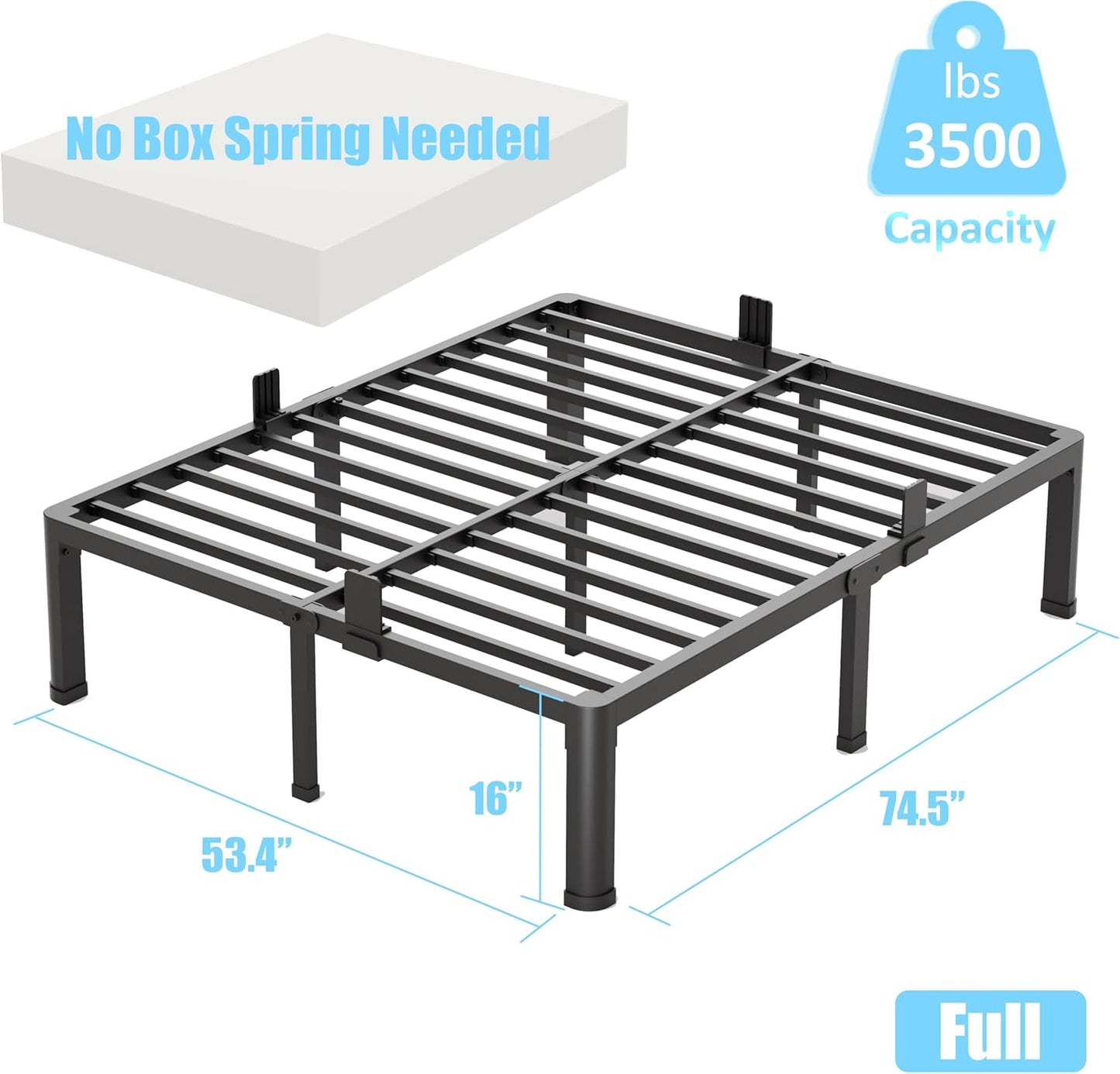 FUIOBYVV Full Size Bed Frame with Round Corner Edge Legs 16 inch Heavy Duty Support 3500 lbs Metal Platform Bed Frame Full No Box Spring Needed/Non-Slip/Steel Slat Support/Noise Free