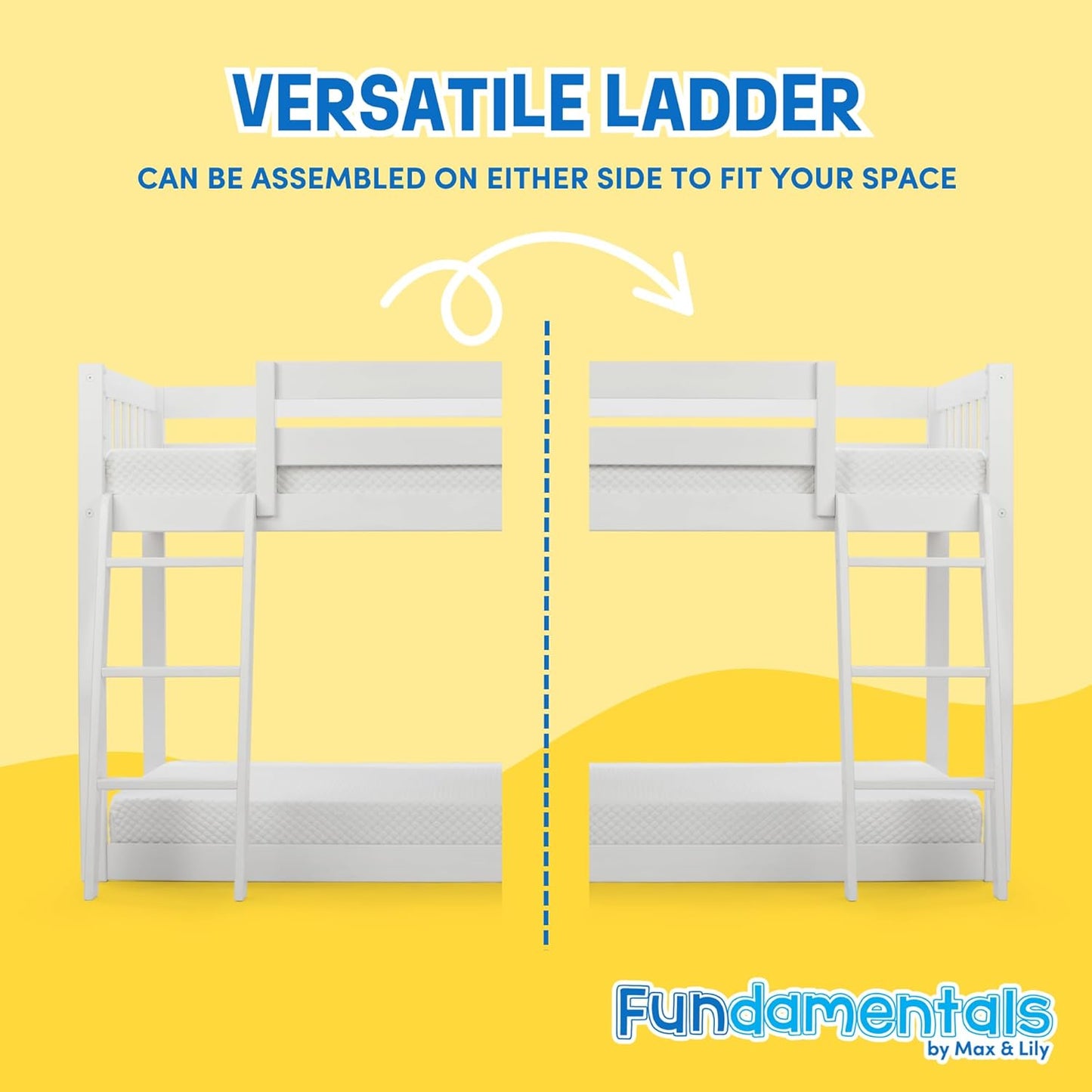Max & Lily Fundamental Twin Low Bunk Bed, Kids Solid Wood Modern Bed Frame with Strong Wooden Slats, Non-Toxic Finishes, High Weight Capacity, White