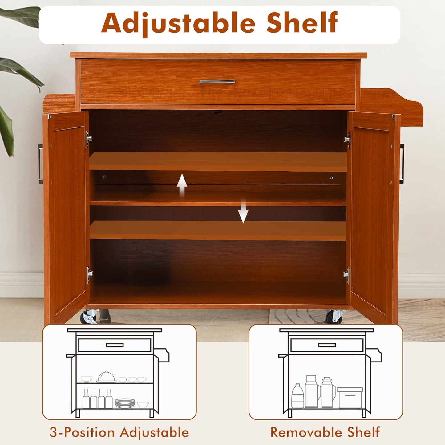 COSTWAY Kitchen Island Cart, Rolling Storage Trolley Cart with Lockable Rubber Wheels, Large Cabinet, Drawer, Spice Rack and Towel Rack, Kitchen Serving Utility, 3-Position Adjustable Shelf (Cherry)