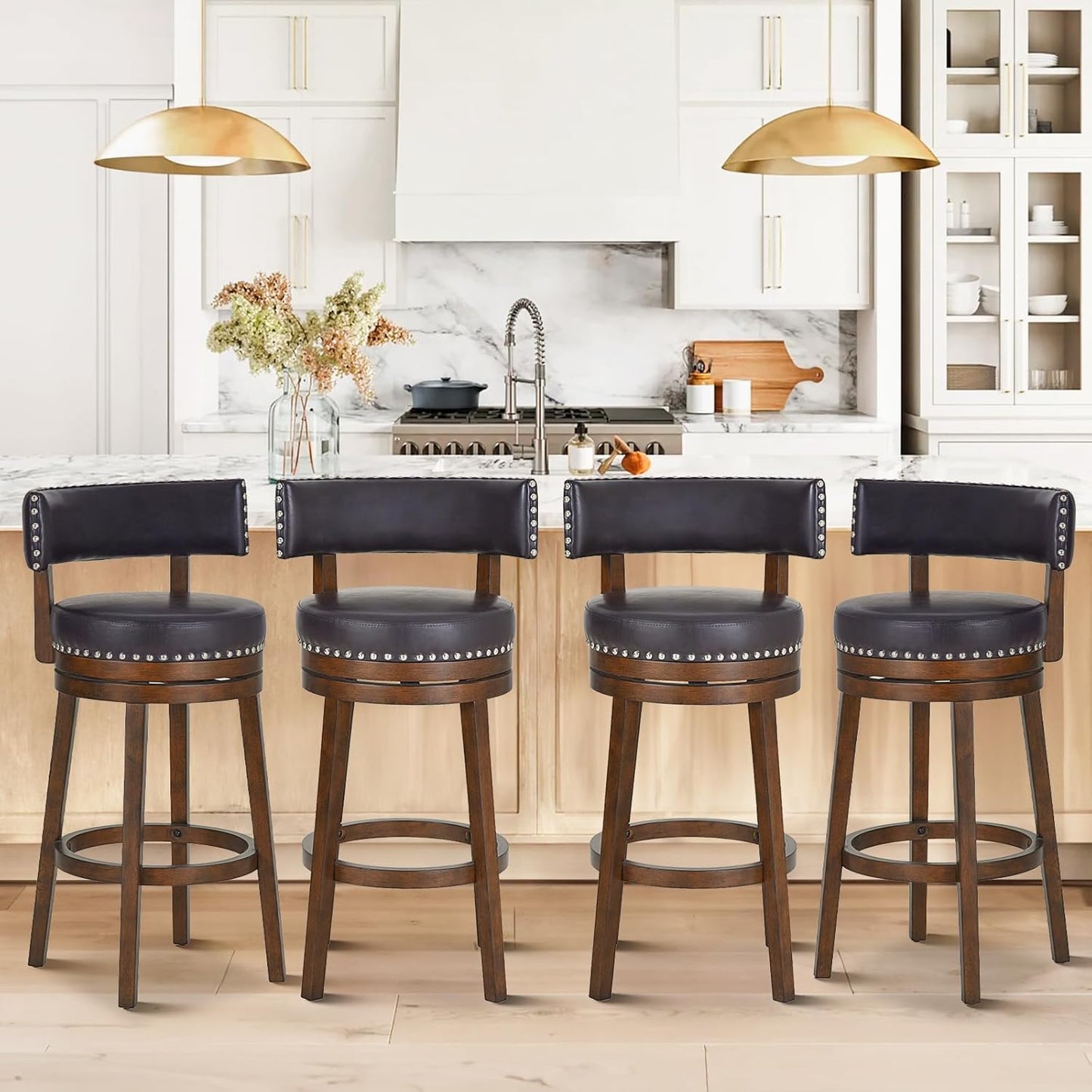 COLAMY Swivel Bar Stools Set of 4, 30 Inch Swivel Bar Height Bar Stools, Wood Swivel Barstools with Back, Modern Upholstered Wooden Barstools for Kitchen Island Dining Room Bar, Dark Brown