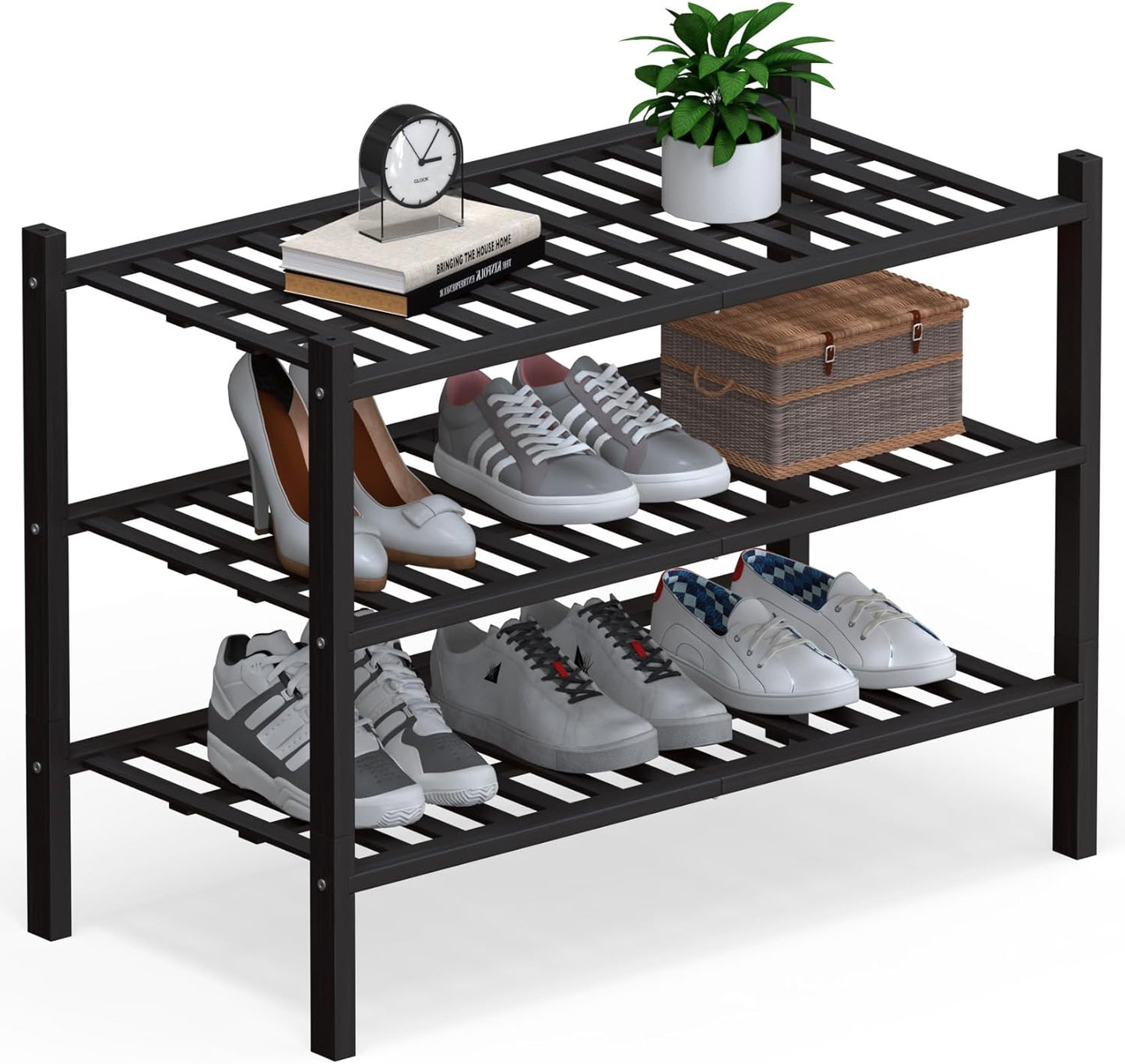 Haddockway Large 3 Tier Bamboo Shoe Rack Storage Organizer, Multifunctional Free Standing Stackable Shoe Shelf with Grid Panel for Closet,Hallway,Entryway,Small Space 27"x12"x21"(Black, 3-Tier(Large))