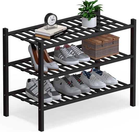 Haddockway Large 3 Tier Bamboo Shoe Rack Storage Organizer, Multifunctional Free Standing Stackable Shoe Shelf with Grid Panel for Closet,Hallway,Entryway,Small Space 27"x12"x21"(Black, 3-Tier(Large))