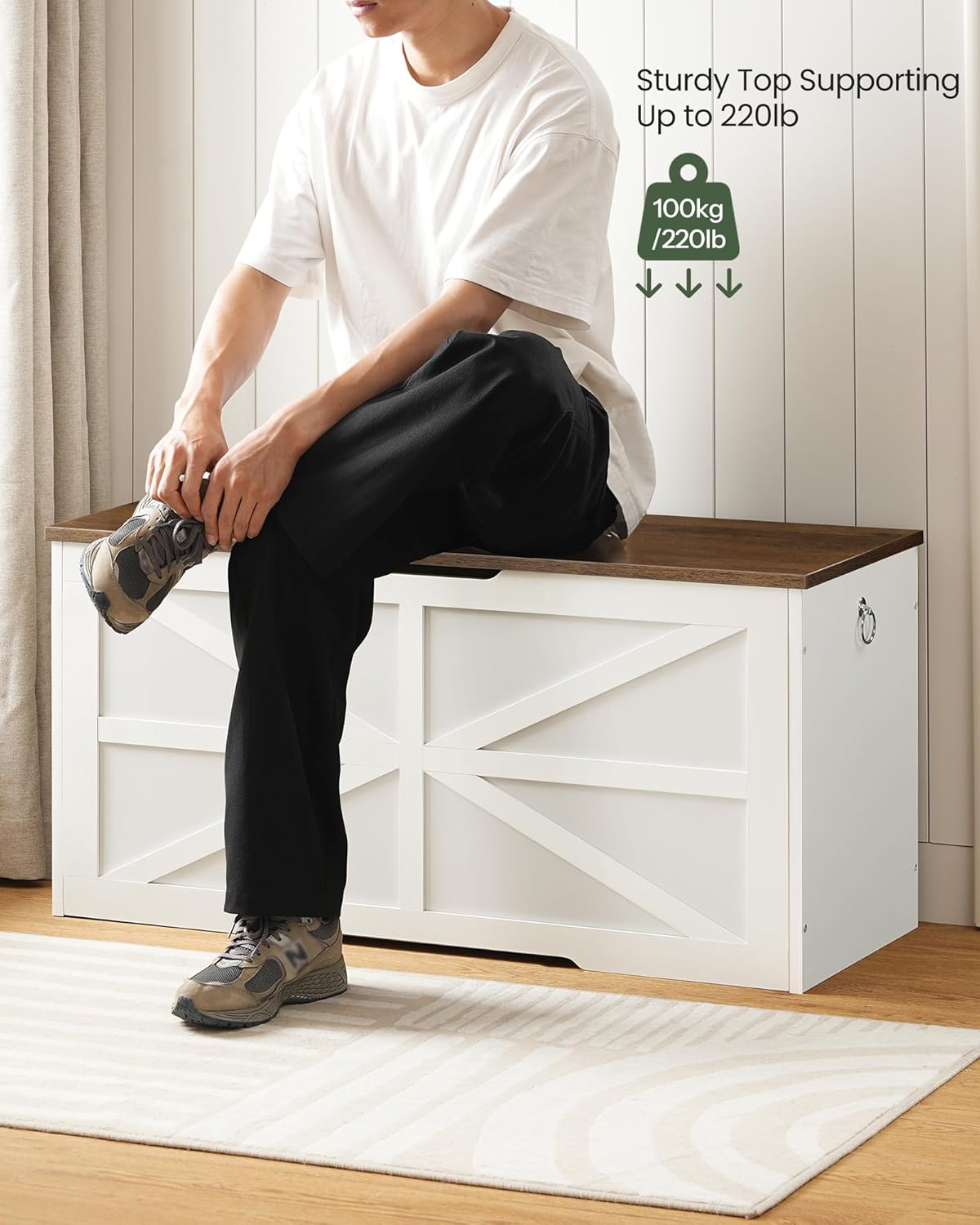 Storage Chest, 39.4" Wooden Storage Trunk, Modern Storage Bench with Safety Hinge, Toy Box, Farmhouse Style, for Bedroom, Living Room, Walnut and White MCW10WL