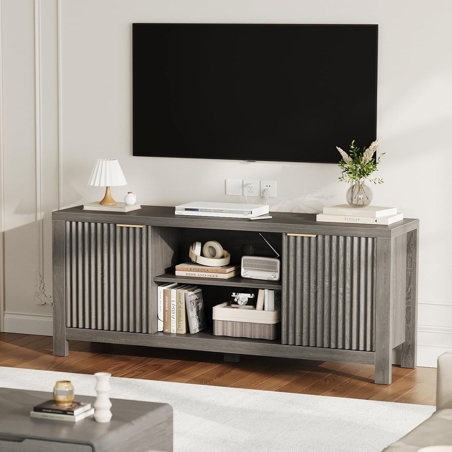 59" TV Stand for TVs Up to 65 Inches, Mid Century Modern TV Entertainment Center with Storage Cabinets & Open Shelves, Wood TV Cabinet for Living Room, Gray Oak